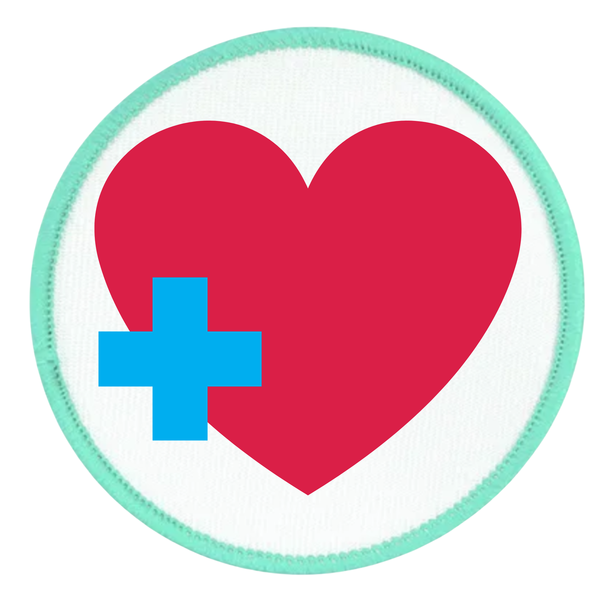 Health Supporter Badge Red heart with a blue cross inside a teal circle on a white background