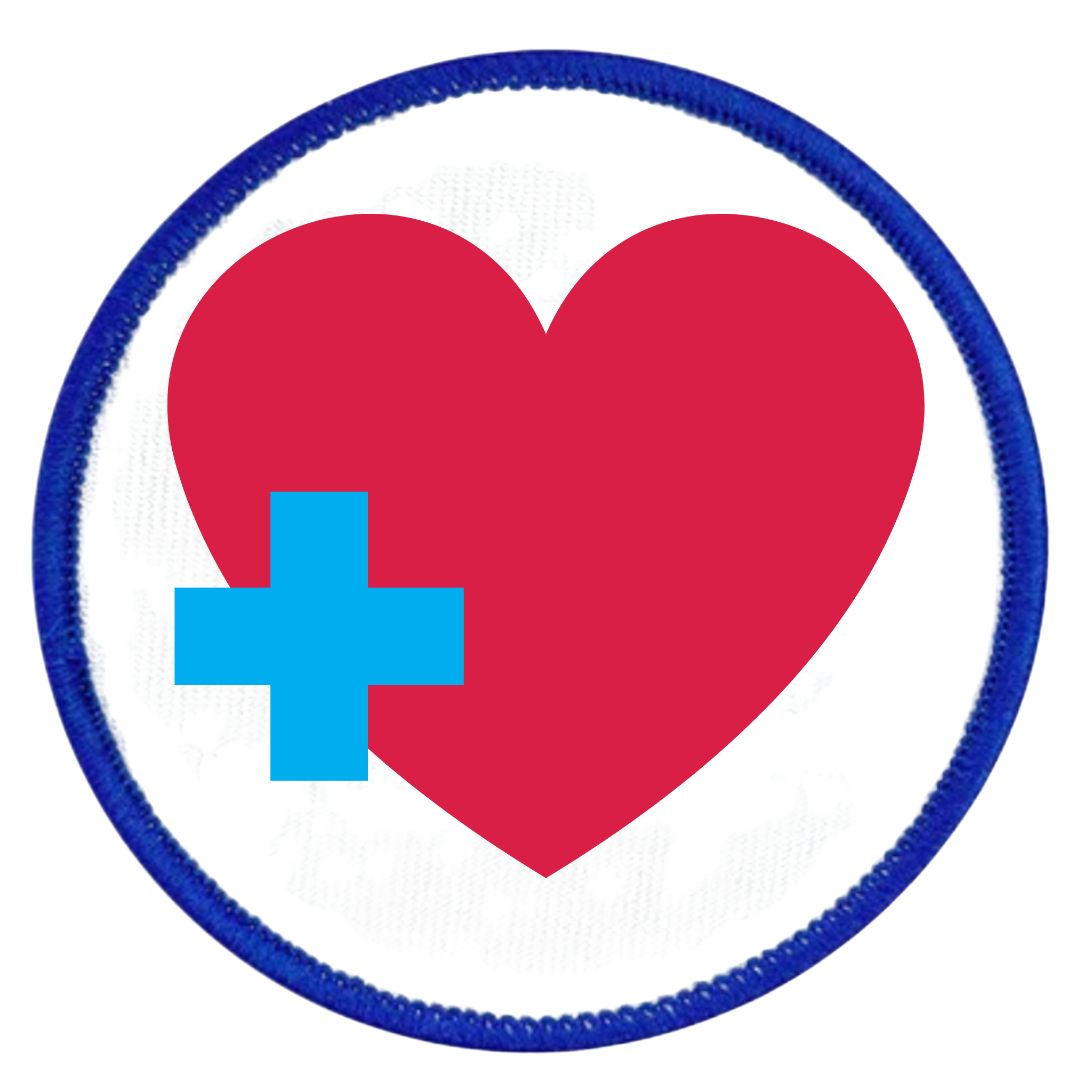 Health Supporter Badge Red heart with a blue cross inside a teal circle on a white background