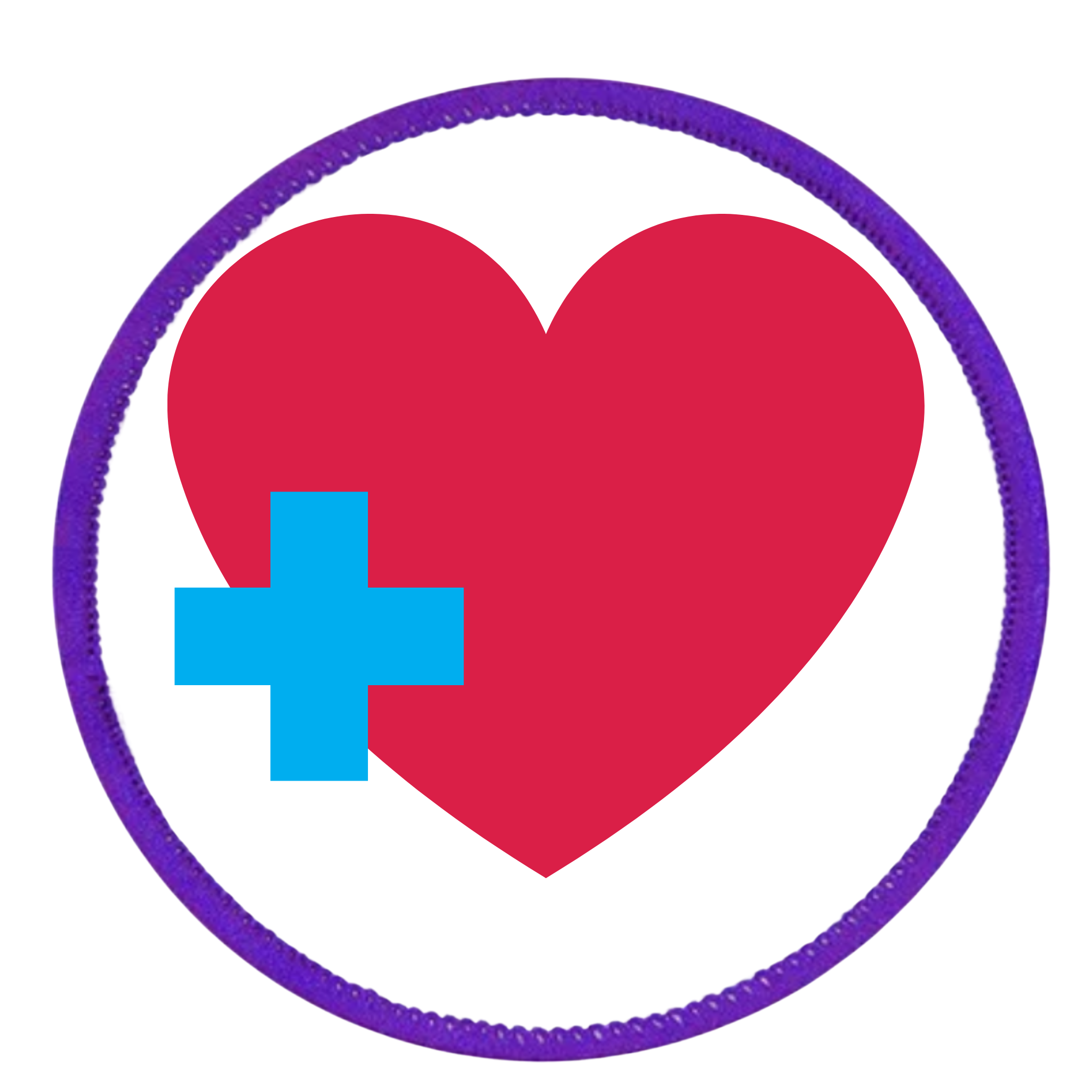 Health Supporter Badge Red heart with a blue cross inside a teal circle on a white background