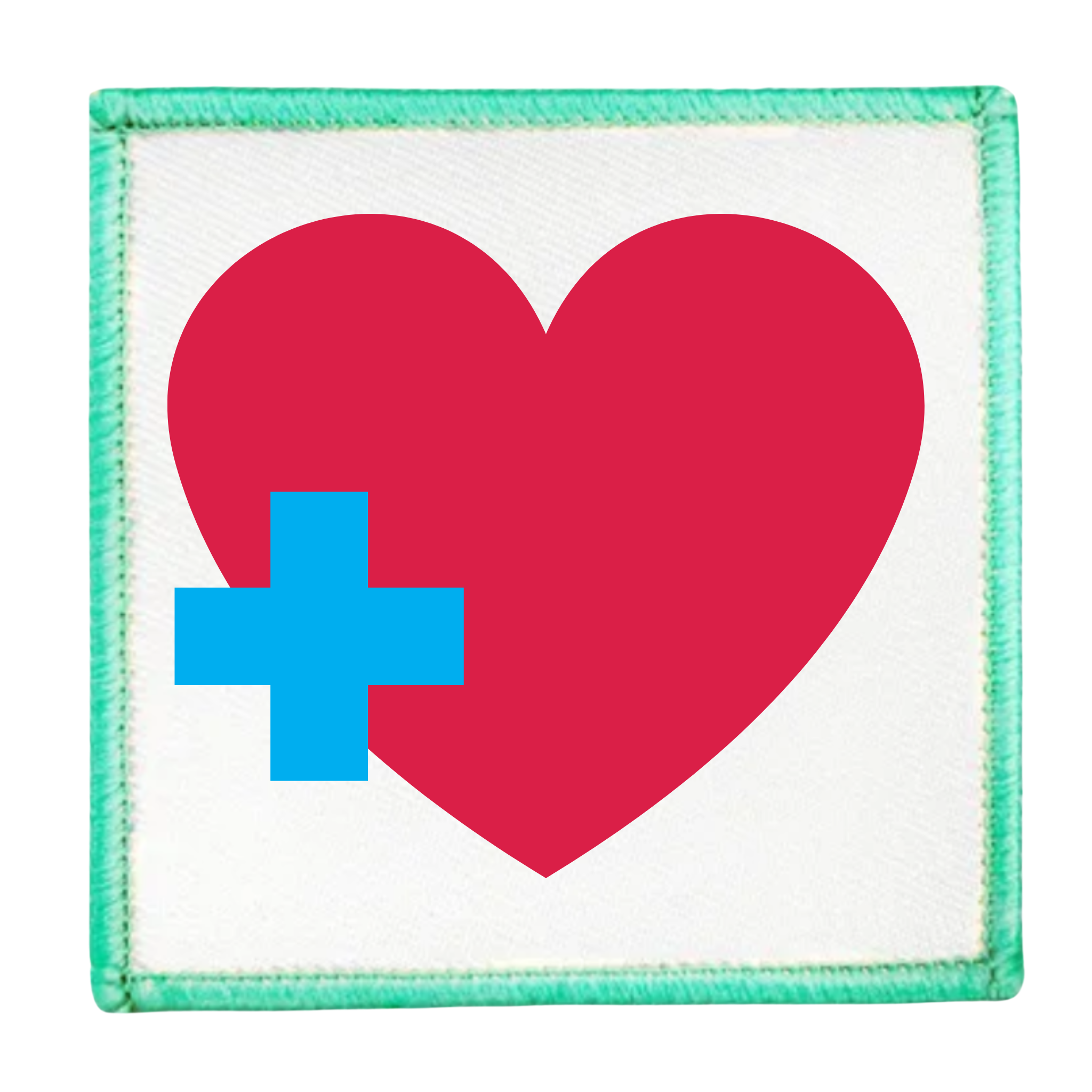 Health Supporter Badge Red heart with a blue cross inside a teal circle on a white background