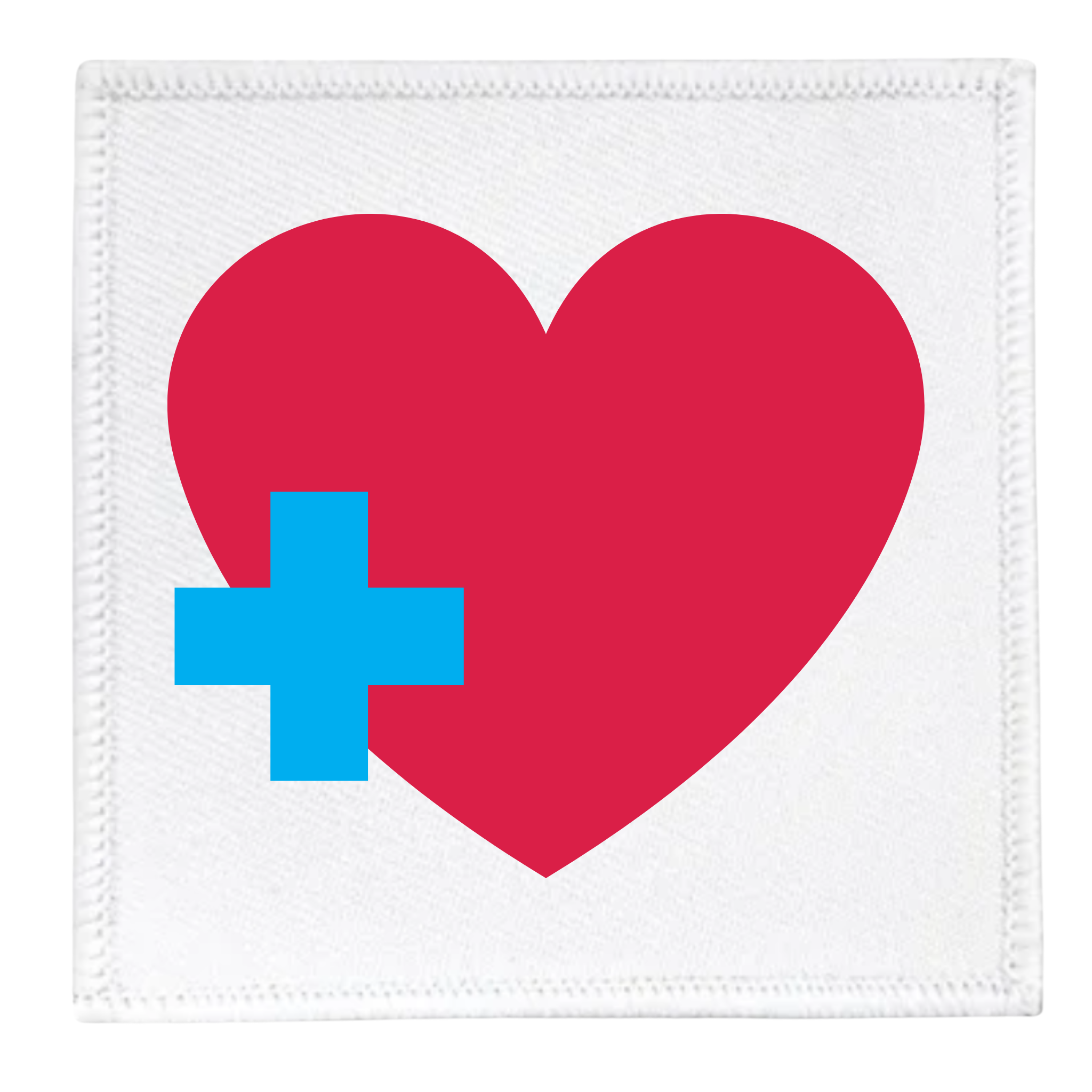 Health Supporter Badge Red heart with a blue cross inside a teal circle on a white background