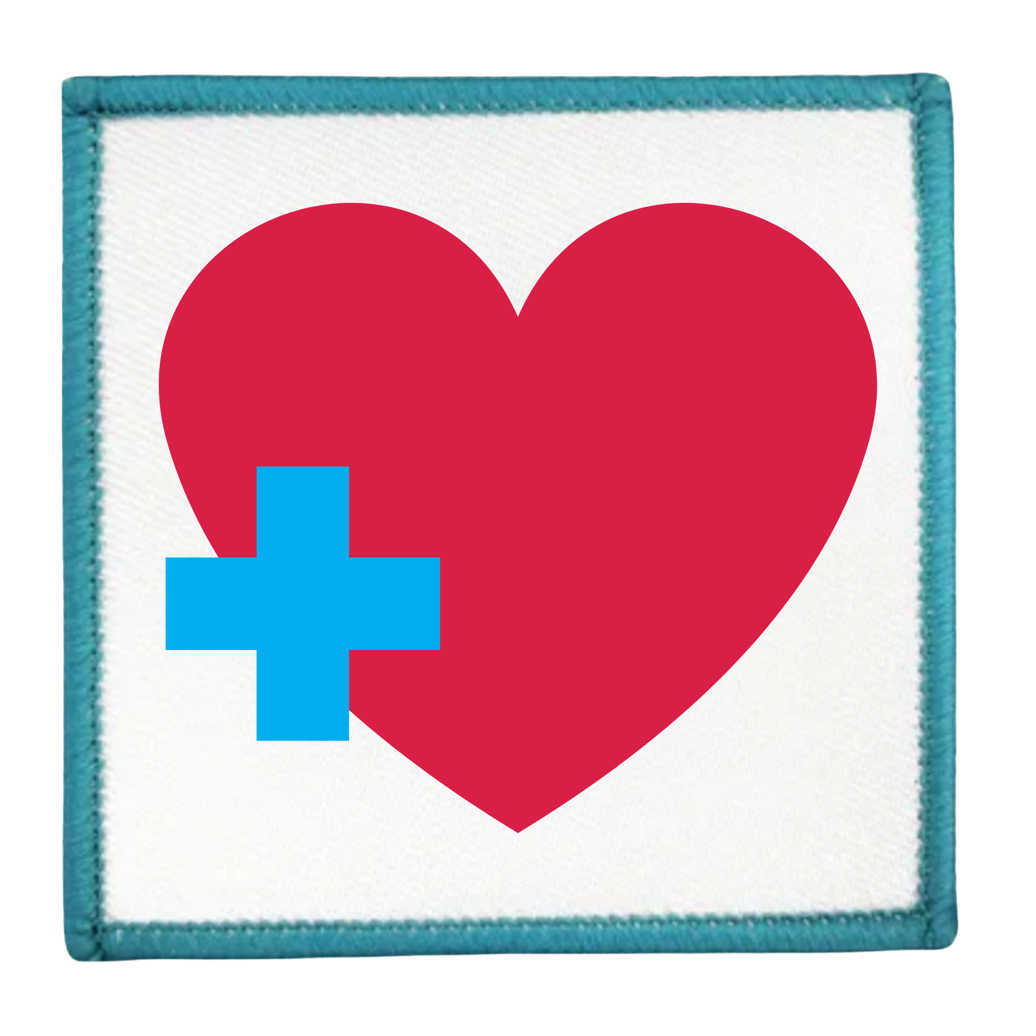 Health Supporter Badge Red heart with a blue cross inside a teal circle on a white background