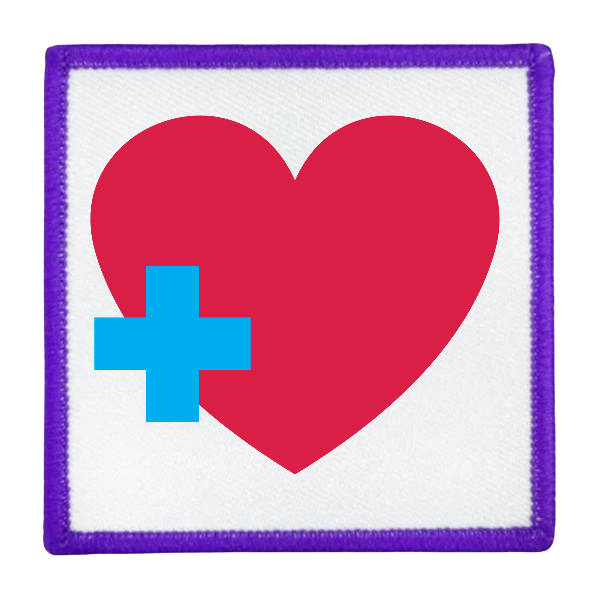 Health Supporter Badge Red heart with a blue cross inside a teal circle on a white background
