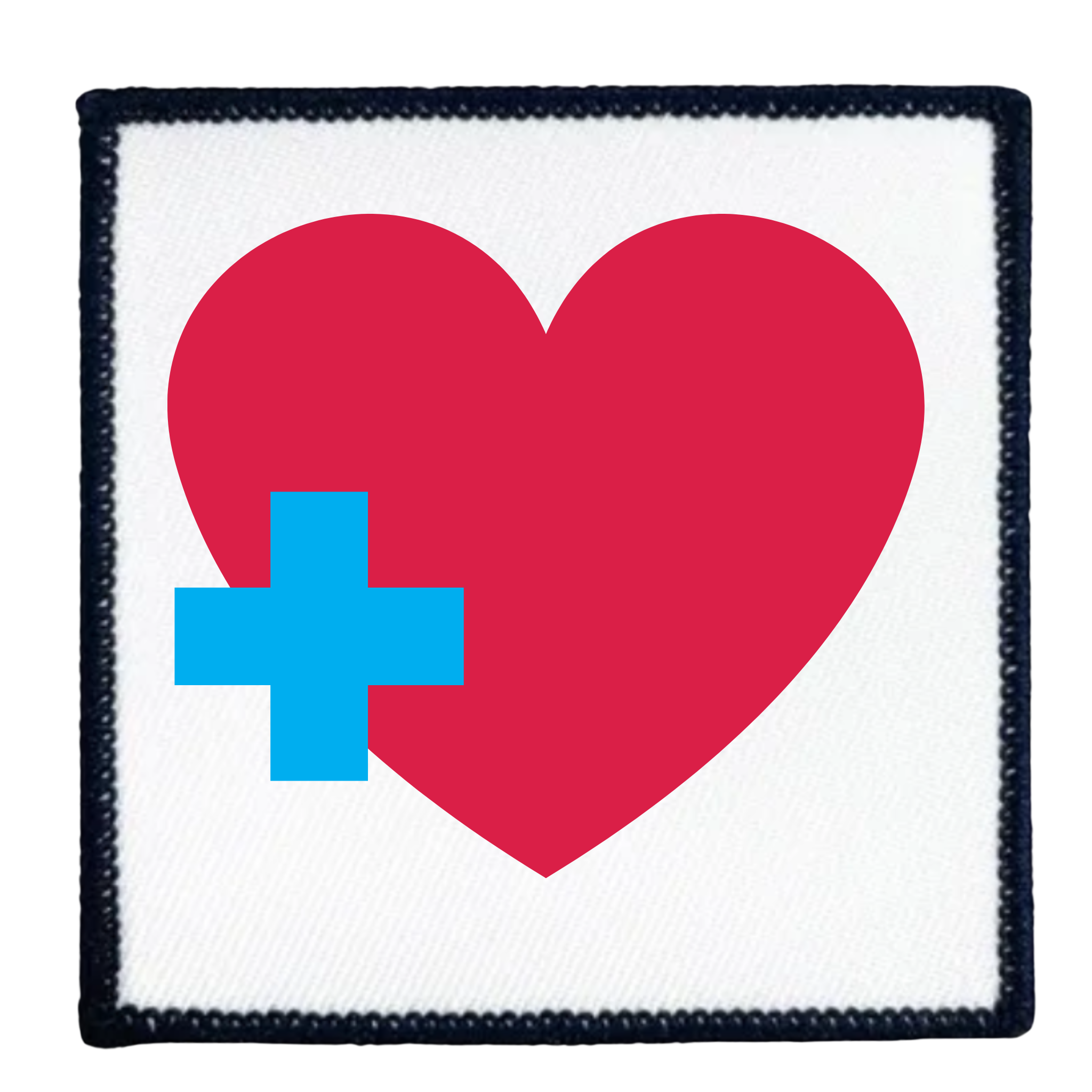 Health Supporter Badge Red heart with a blue cross inside a teal circle on a white background