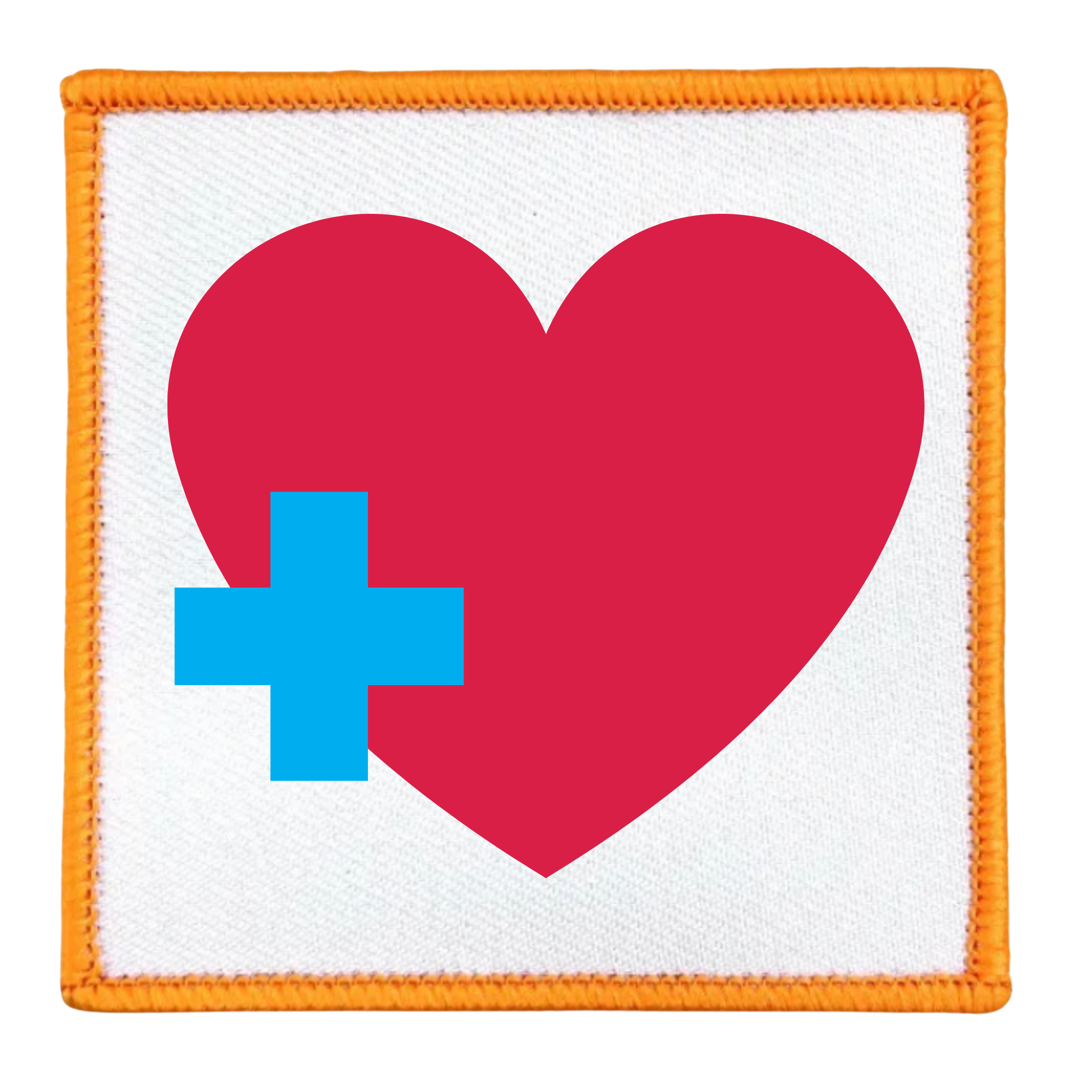Health Supporter Badge Red heart with a blue cross inside a teal circle on a white background