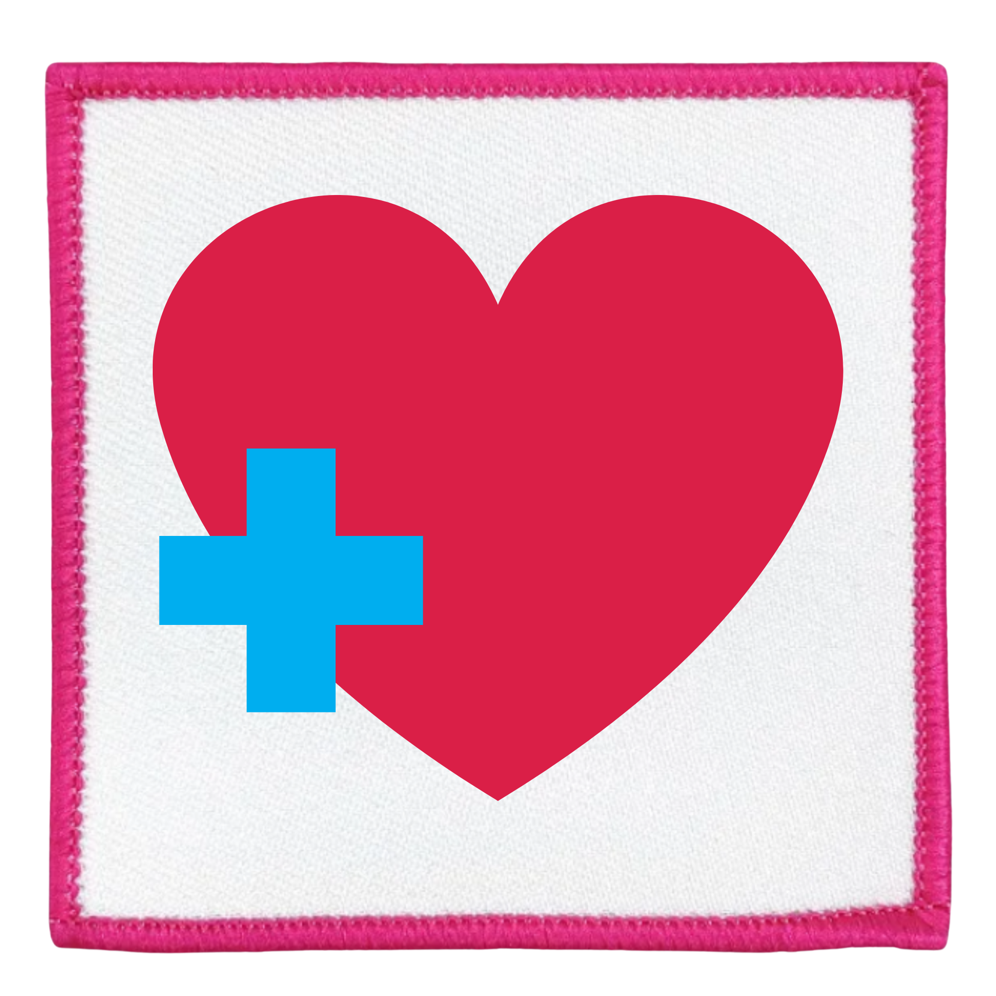 Health Supporter Badge Red heart with a blue cross inside a teal circle on a white background