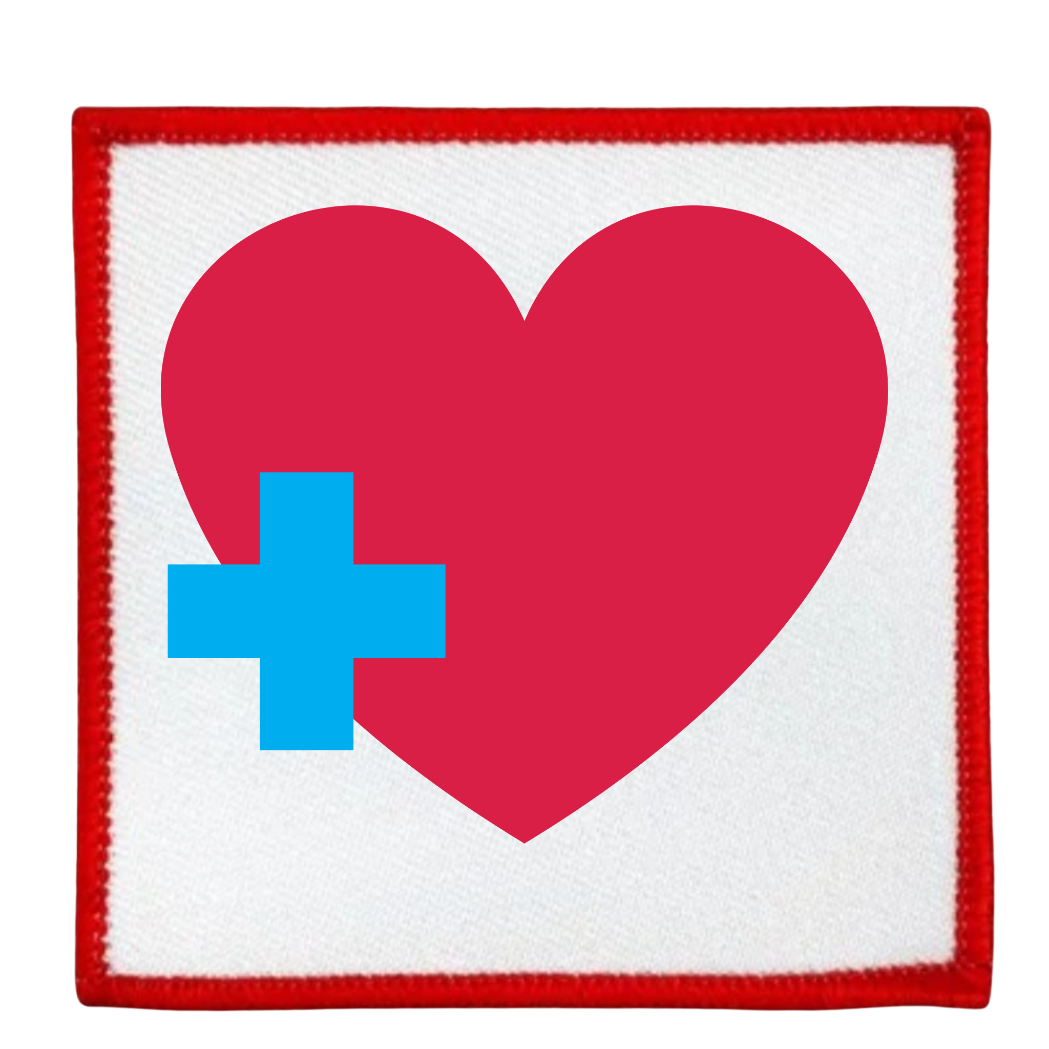 Health Supporter Badge Red heart with a blue cross inside a teal circle on a white background