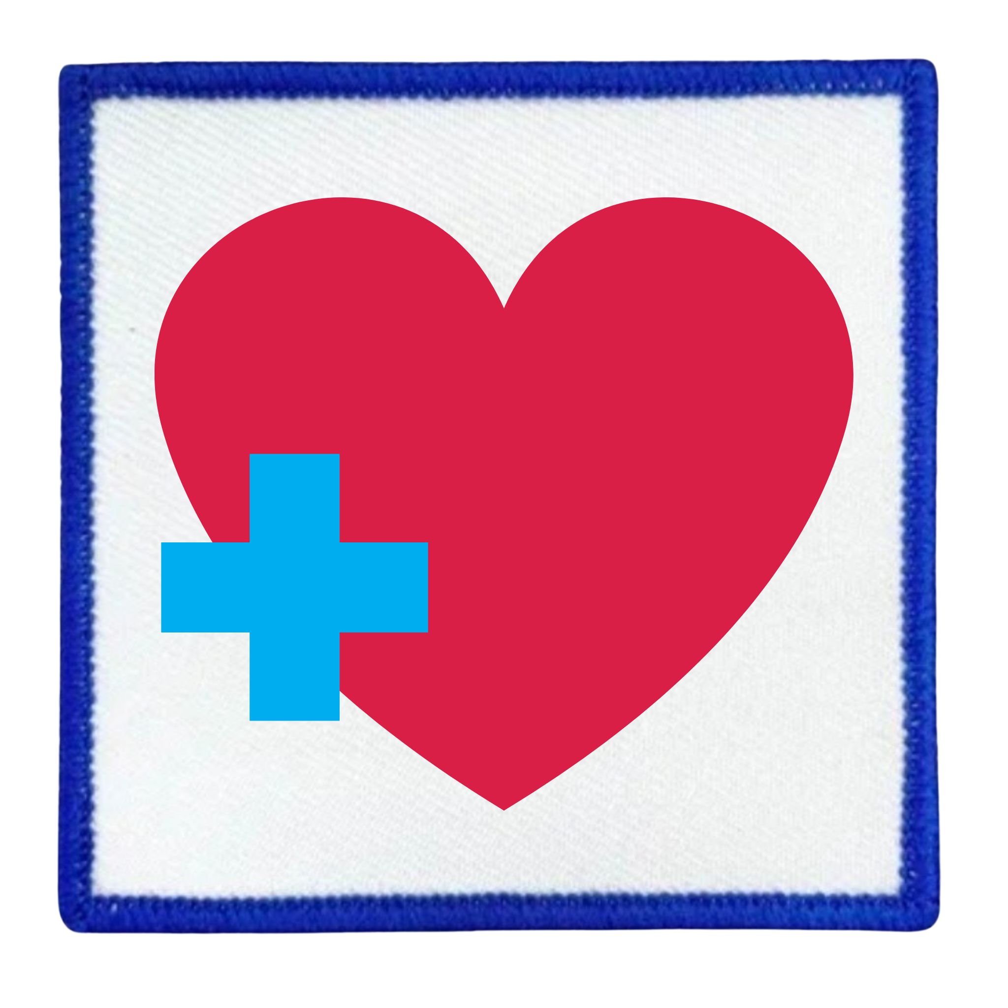 Health Supporter Badge Red heart with a blue cross inside a teal circle on a white background