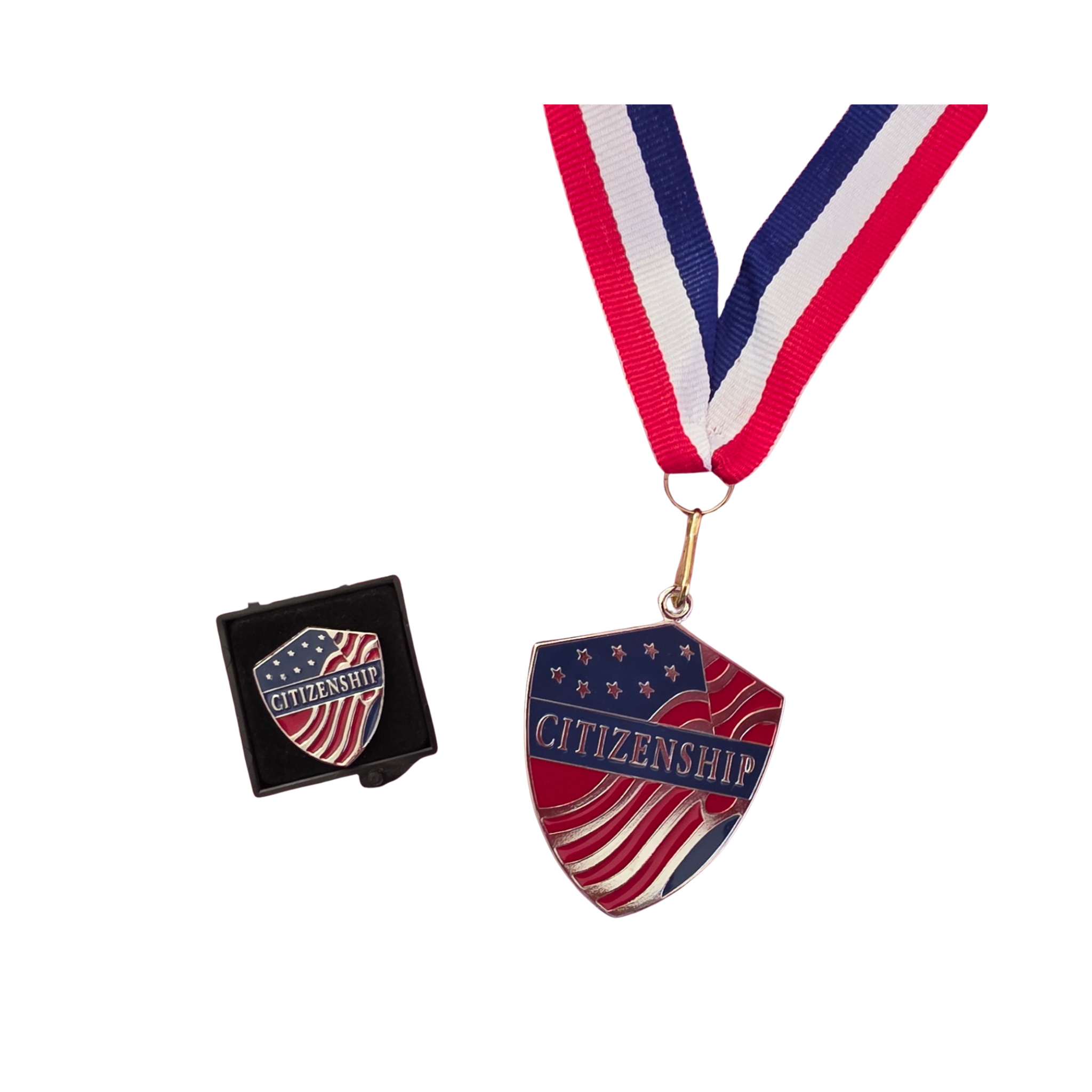 Medal with 'Citizenship' text and American flag design on a white background