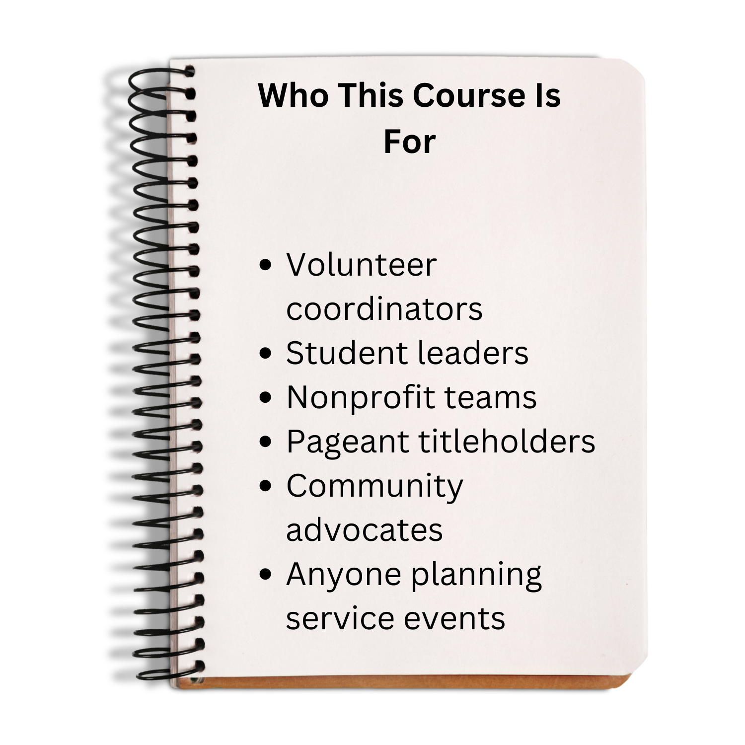 Notebook with text on who the course is for, including volunteer coordinators and student leaders.