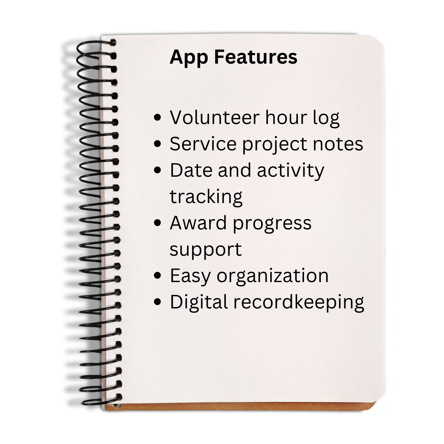 Volunteer tracking app features including hour logging, service notes, date tracking, award progress, and digital records.