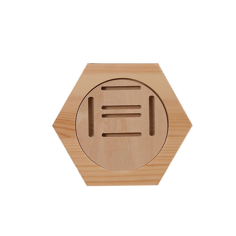 Hexagonal wooden display with various medals on a white background