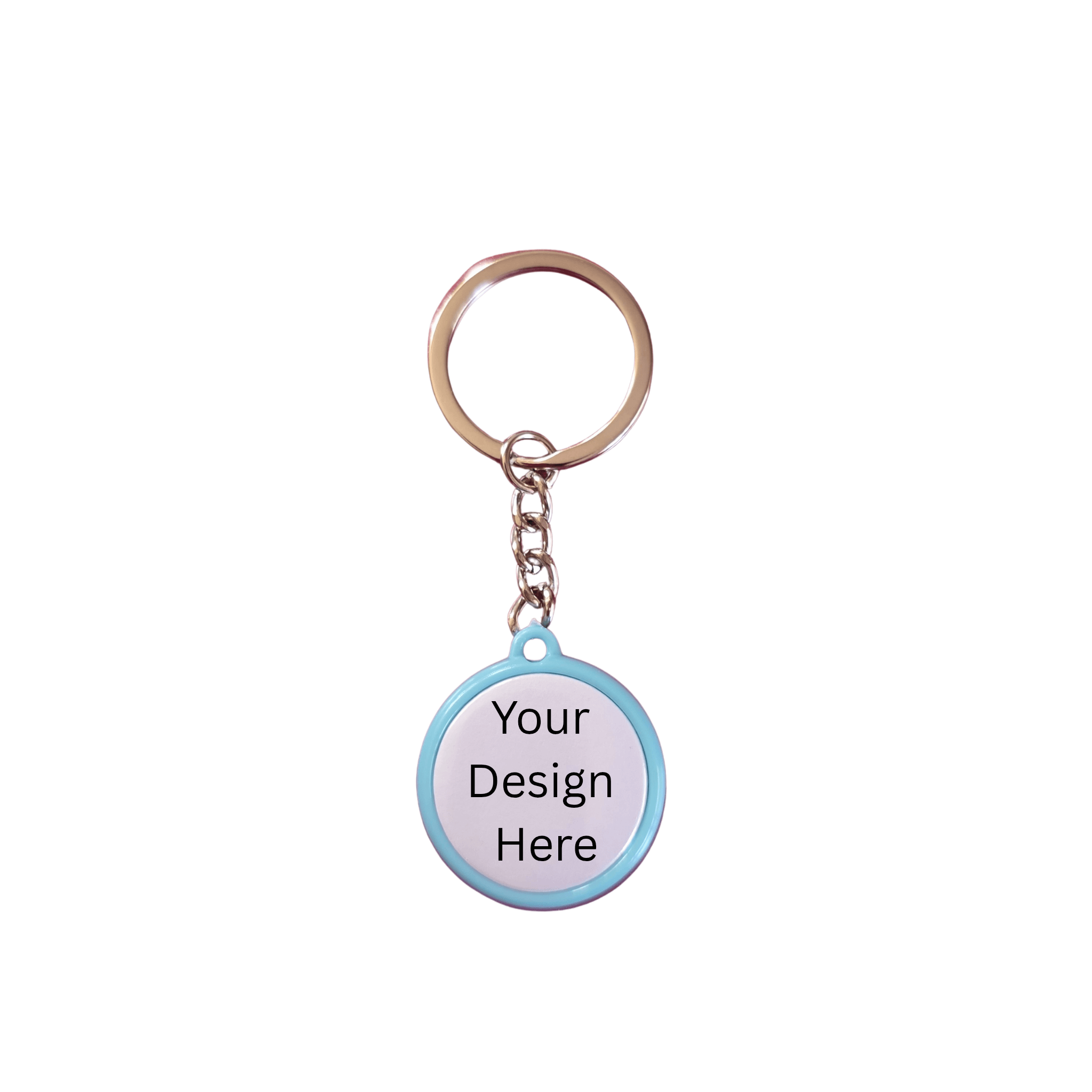 Personalized Customizable keychain with a round blue tag on a white background