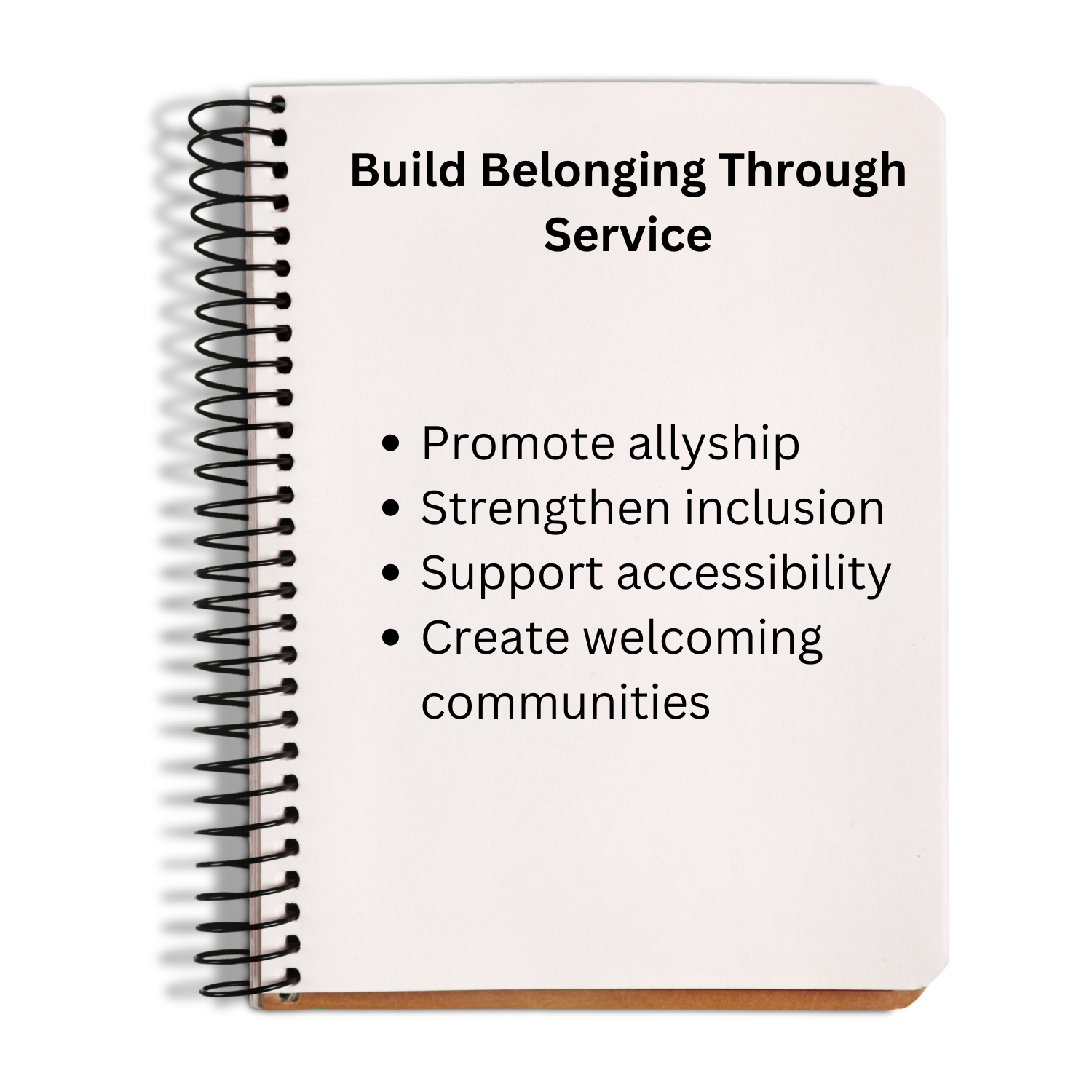 Notebook with 'Build Belonging Through Service' text and goals on a white background