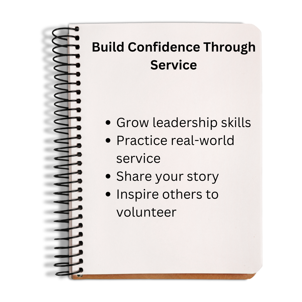 Notebook with text 'Build Confidence Through Service' and goals listed on a white background