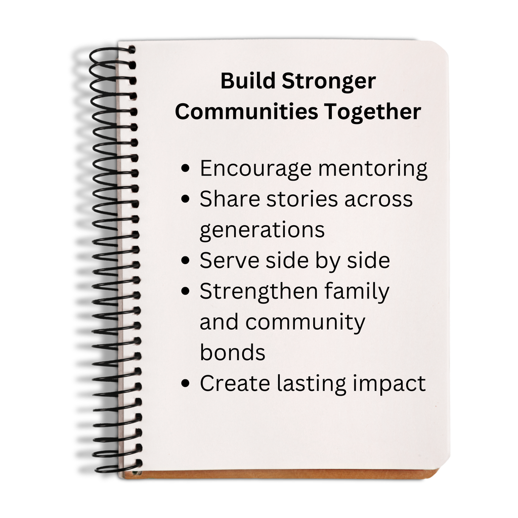 Notebook with text on building stronger communities, including goals like mentoring and sharing stories.