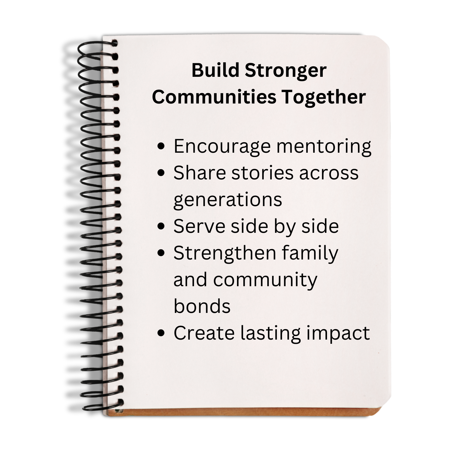 Notebook with text on building stronger communities, including goals like mentoring and sharing stories.