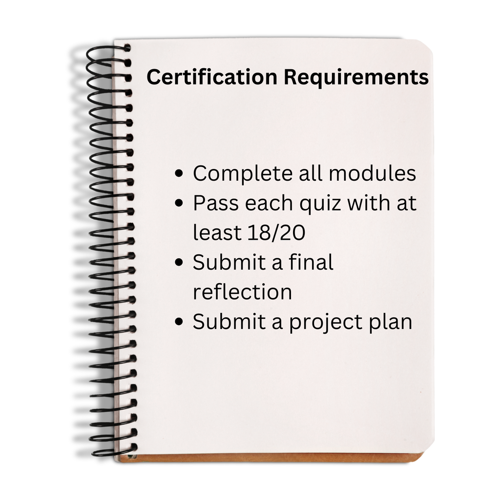 Notebook with certification requirements listed on a white background
