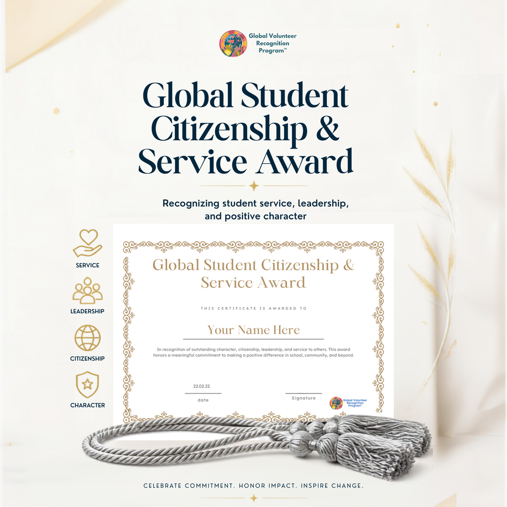 A promotional graphic for the Global Student Citizenship & Service Award, showing a sample certificate with decorative gold border, a gray knotted cord, and the Global Volunteer Recognition Program logo at the top. The design uses a clean cream background with subtle gold leaf and feather accents.