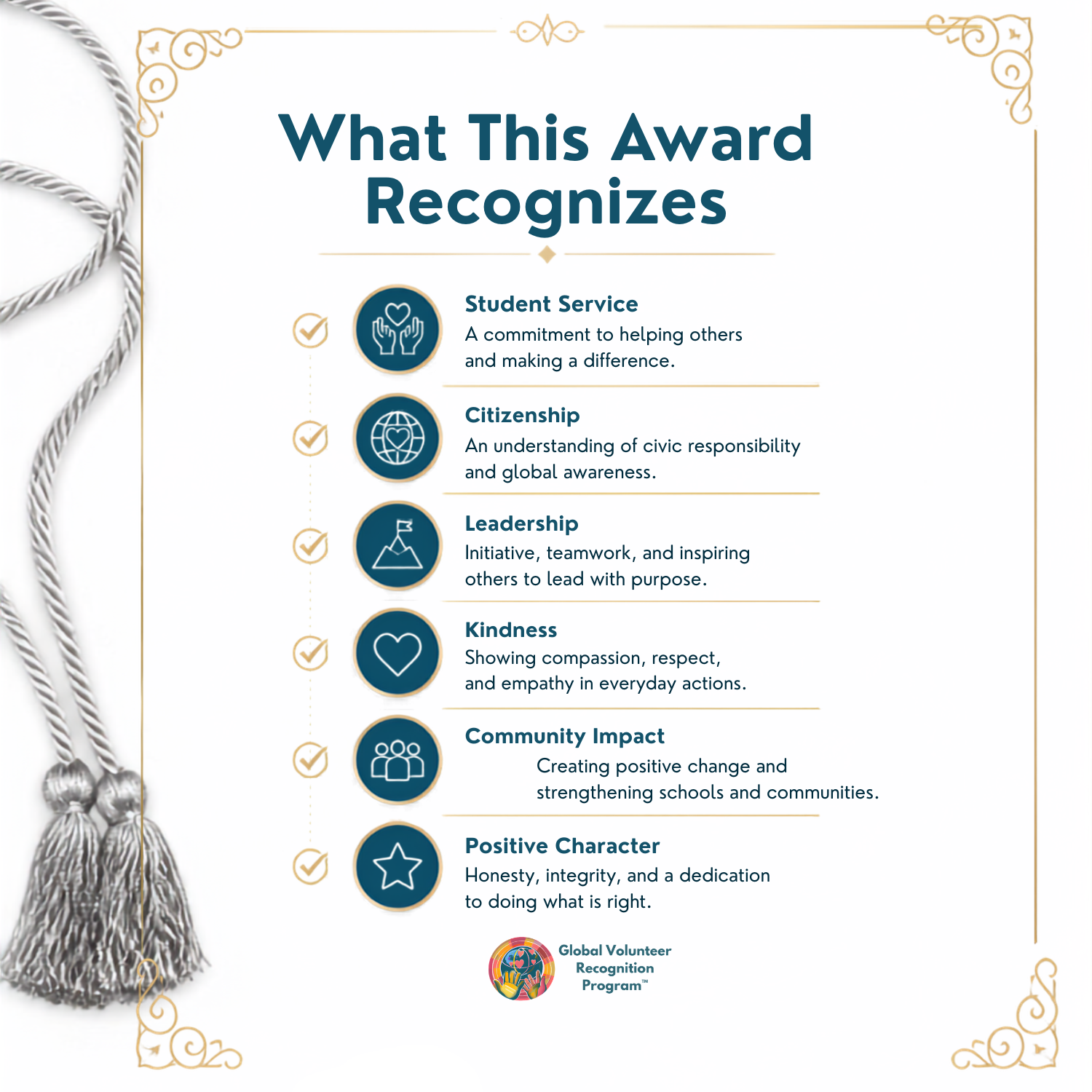 An informational graphic titled 'What This Award Recognizes' with a gold border, dark teal text, checkmarks, and icons listing qualities such as student service, citizenship, leadership, kindness, community impact, and positive character. A gray rope and tassel are pictured along the left side, and the Global Volunteer Recognition Program logo appears at the bottom.