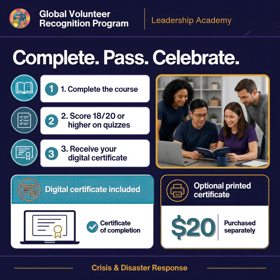 Promotional infographic for the Global Volunteer Recognition Program Leadership Academy, outlining steps to complete a course and receive a digital certificate, with pricing and certificate options displayed on a dark blue background.