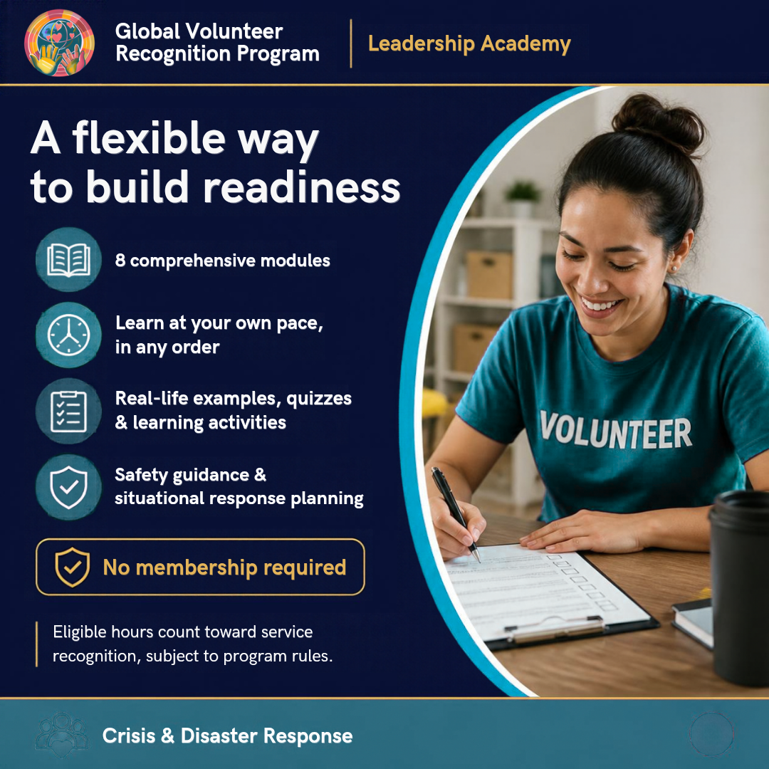 Promotional graphic for the Global Volunteer Recognition Program Leadership Academy, featuring a smiling woman in a teal 'VOLUNTEER' t-shirt writing on a clipboard at a desk. The left side contains text describing program features like 8 comprehensive modules, learning at one's own pace, real-life examples, quizzes, safety guidance, and no membership requirement. Eligible hours count toward service recognition, subject to program rules. 