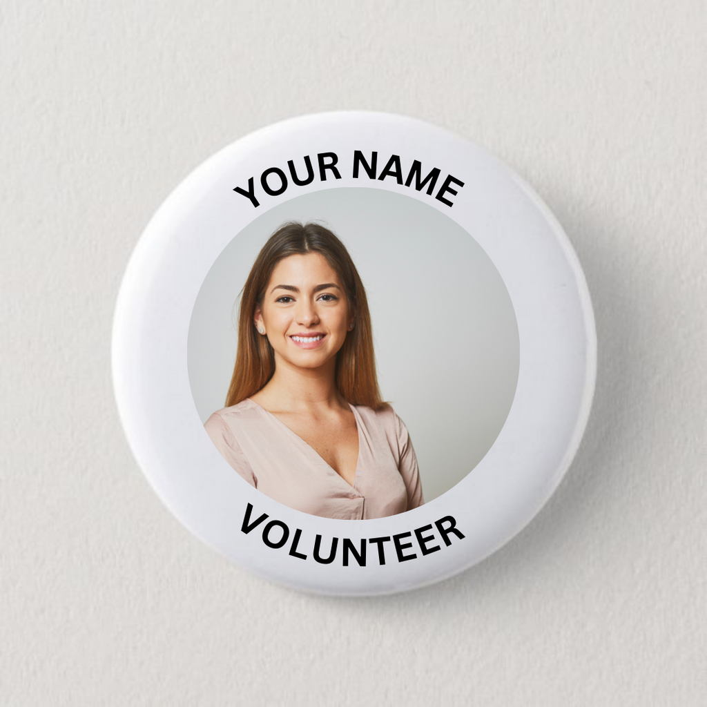 Circular badge with a photo of a woman and text 'YOUR NAME' and 'VOLUNTEER' on a white background