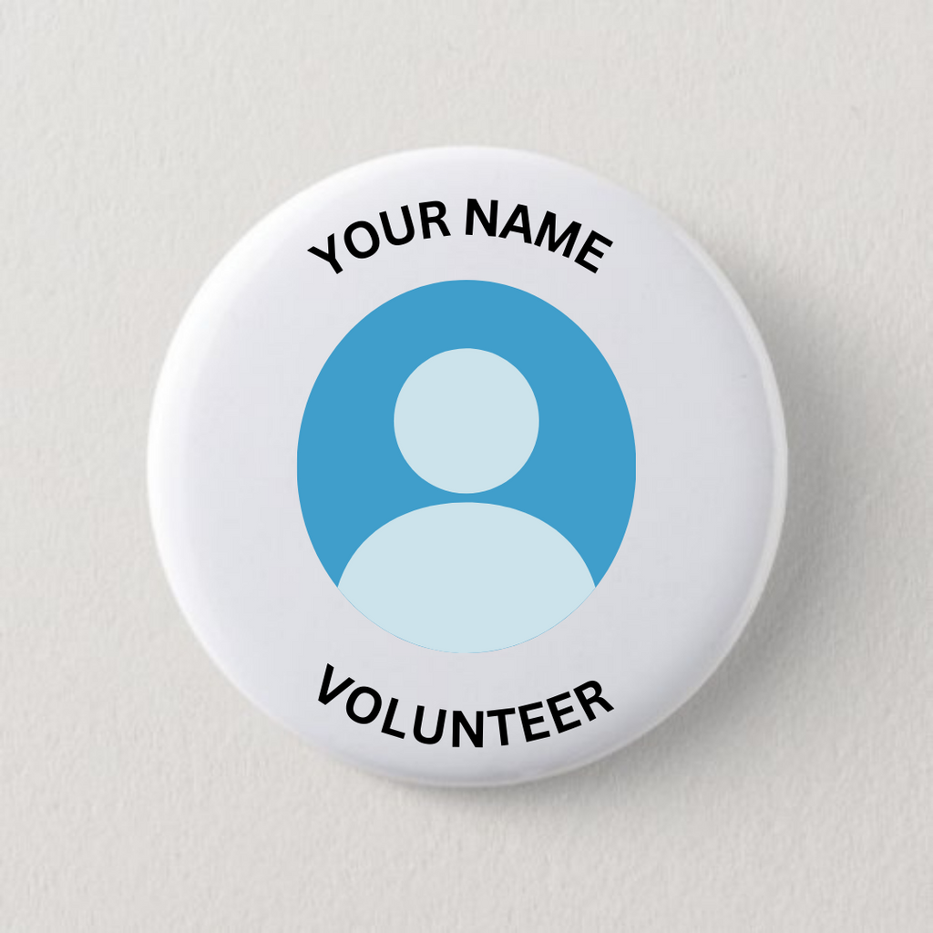 Circular badge with a photo of a woman and text 'YOUR NAME' and 'VOLUNTEER' on a white background