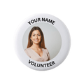 Circular badge with a photo of a woman and text 'YOUR NAME' and 'VOLUNTEER' on a white background