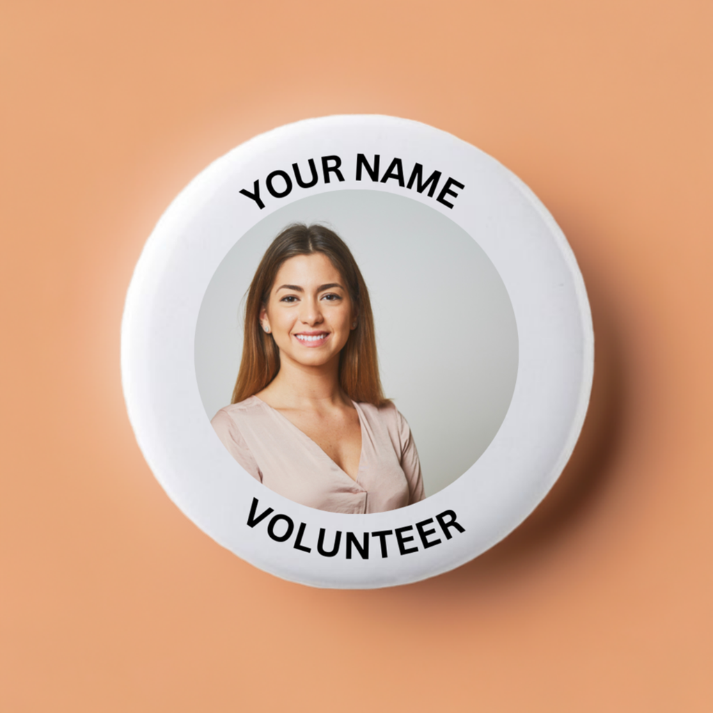 Circular badge with a photo of a woman and text 'YOUR NAME' and 'VOLUNTEER' on a white background
