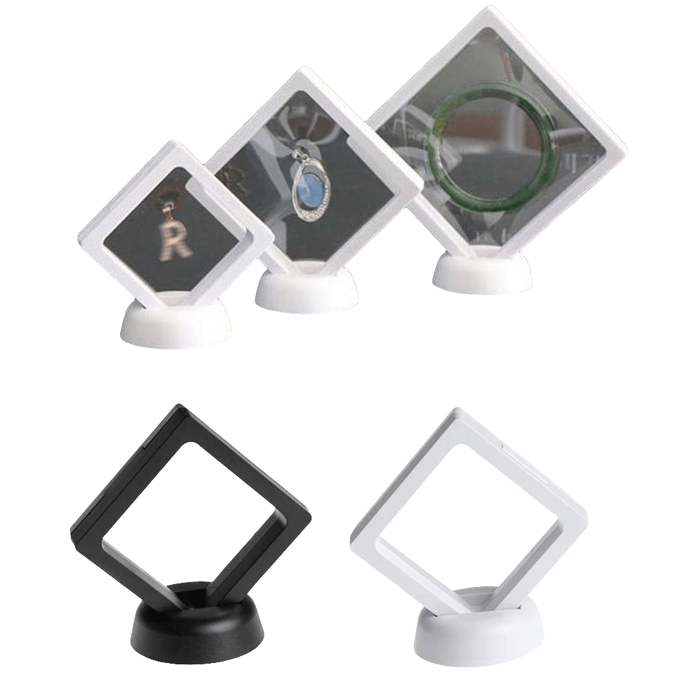 Set of diamond-shaped jewelry display stands on a white background