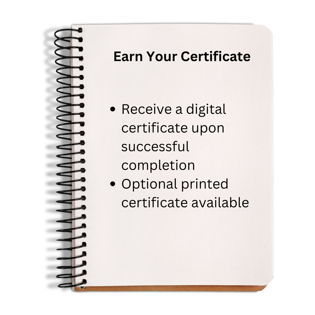 Notebook with text about earning a digital certificate on a white background
