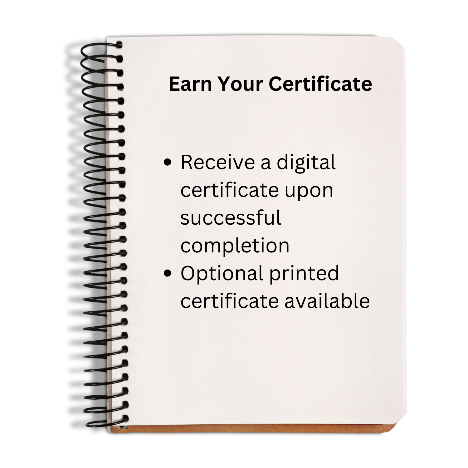 Notebook with text about earning a digital certificate on a white background
