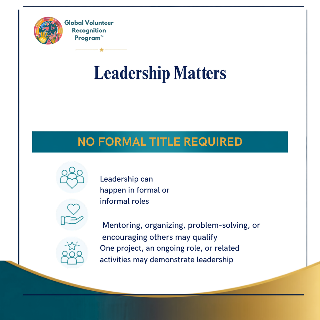 A digital graphic with the heading 'Leadership Matters' and the Global Volunteer Recognition Program logo at the top left. The design states 'NO FORMAL TITLE REQUIRED' in a teal banner and includes three bullet points with icons about leadership in informal or formal roles, mentoring, and project-based demonstration.