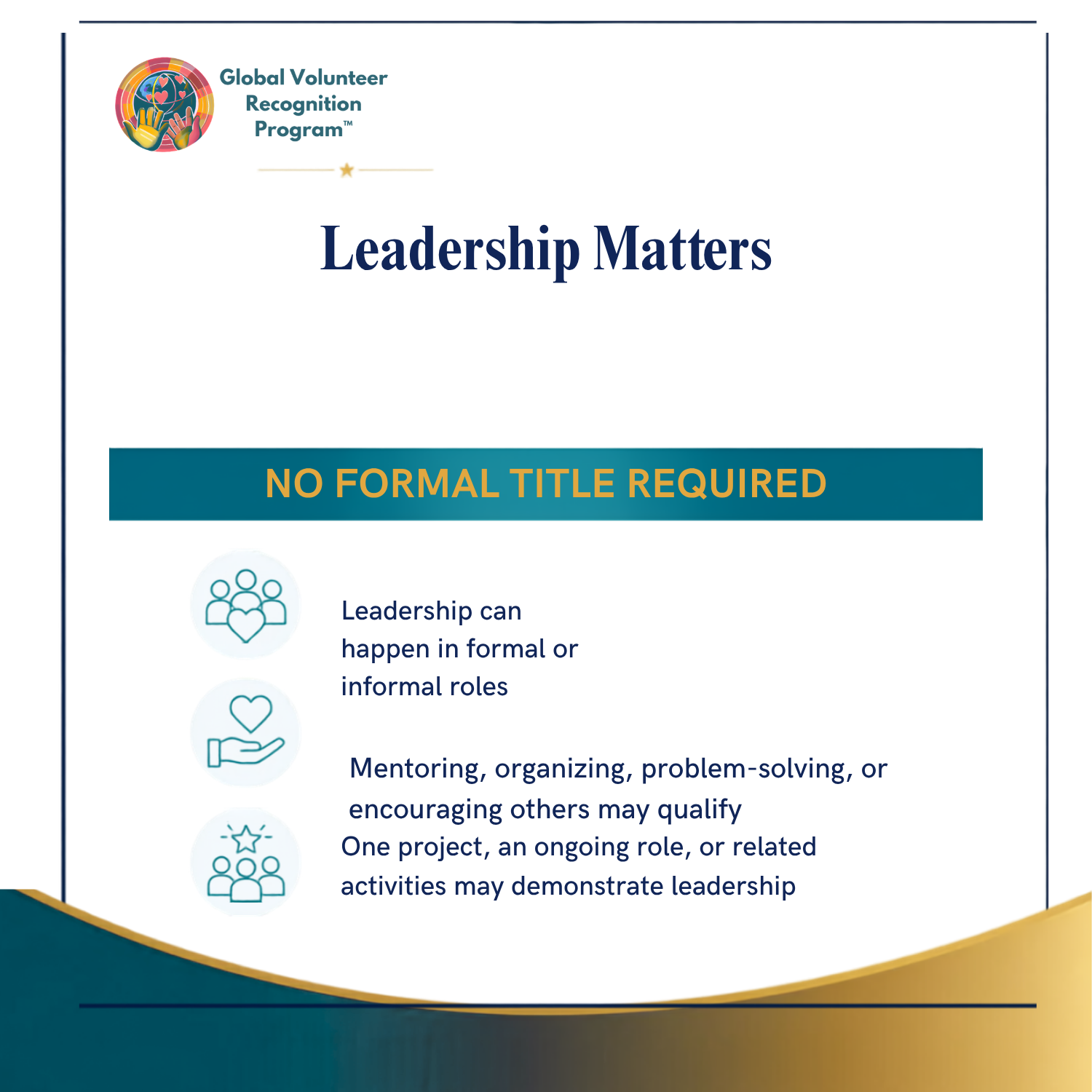 A digital graphic with the heading 'Leadership Matters' and the Global Volunteer Recognition Program logo at the top left. The design states 'NO FORMAL TITLE REQUIRED' in a teal banner and includes three bullet points with icons about leadership in informal or formal roles, mentoring, and project-based demonstration.