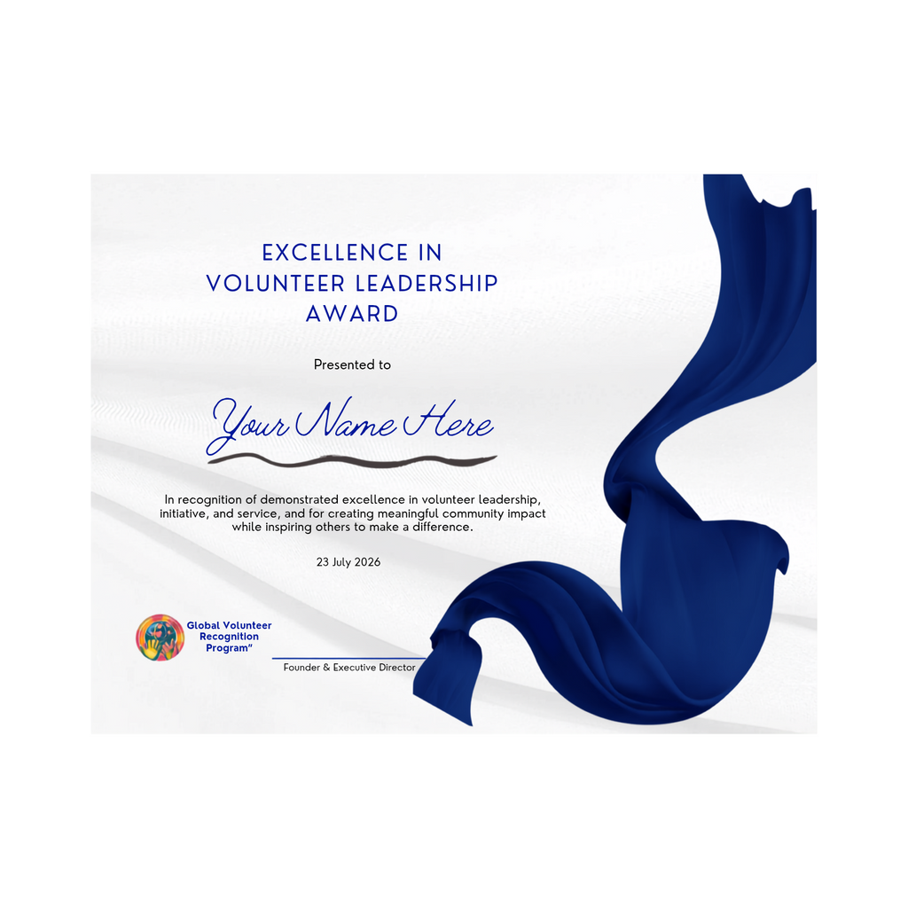 A certificate template for the 'Excellence in Volunteer Leadership Award' featuring a white background with a subtle wavy pattern, blue text, a blue ribbon graphic on the right, and a Global Volunteer Recognition Program logo at the bottom left.