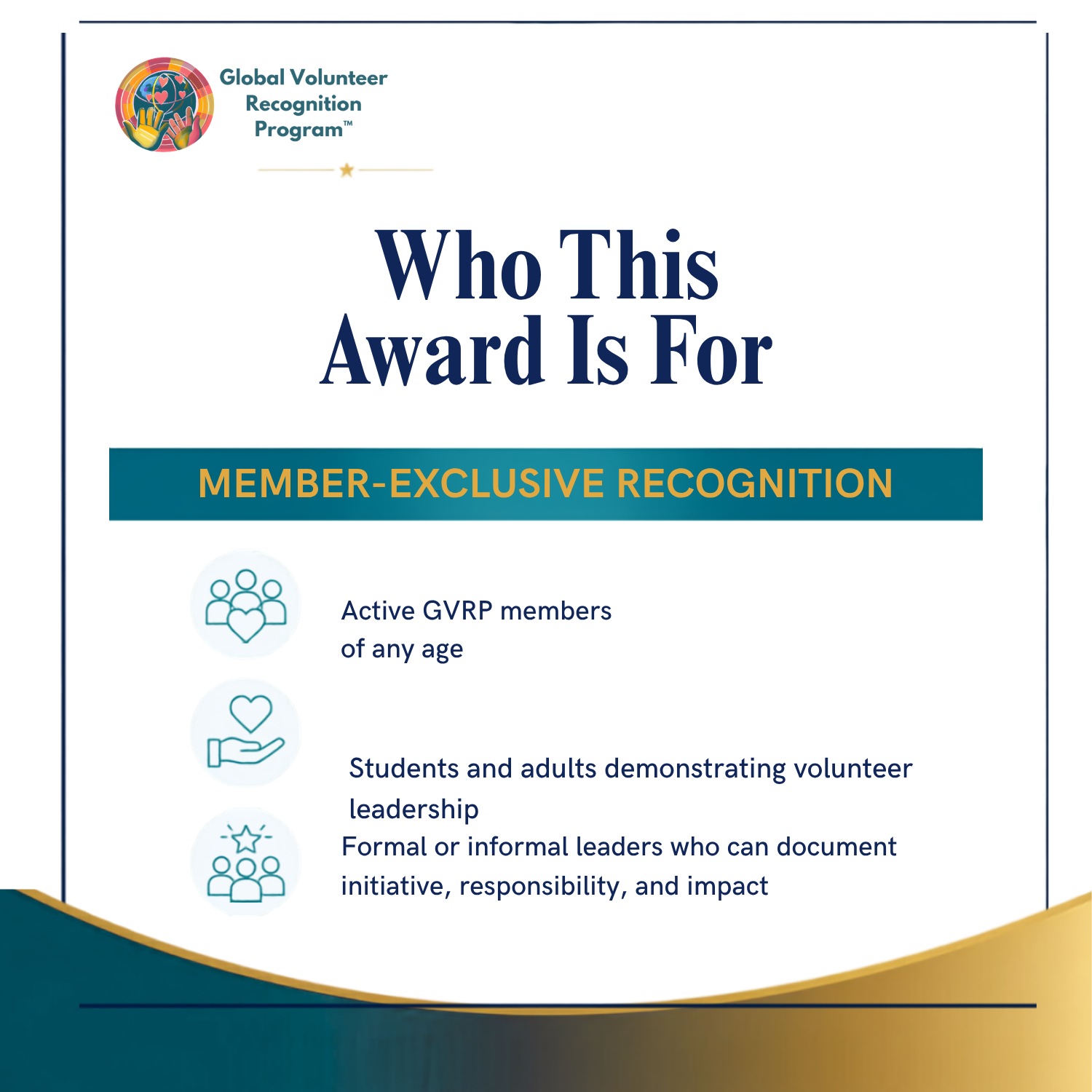A digital graphic titled 'Who This Award Is For' from the Global Volunteer Recognition Program, explaining that the award is member-exclusive and recognizing active GVRP members, students, and leaders.
