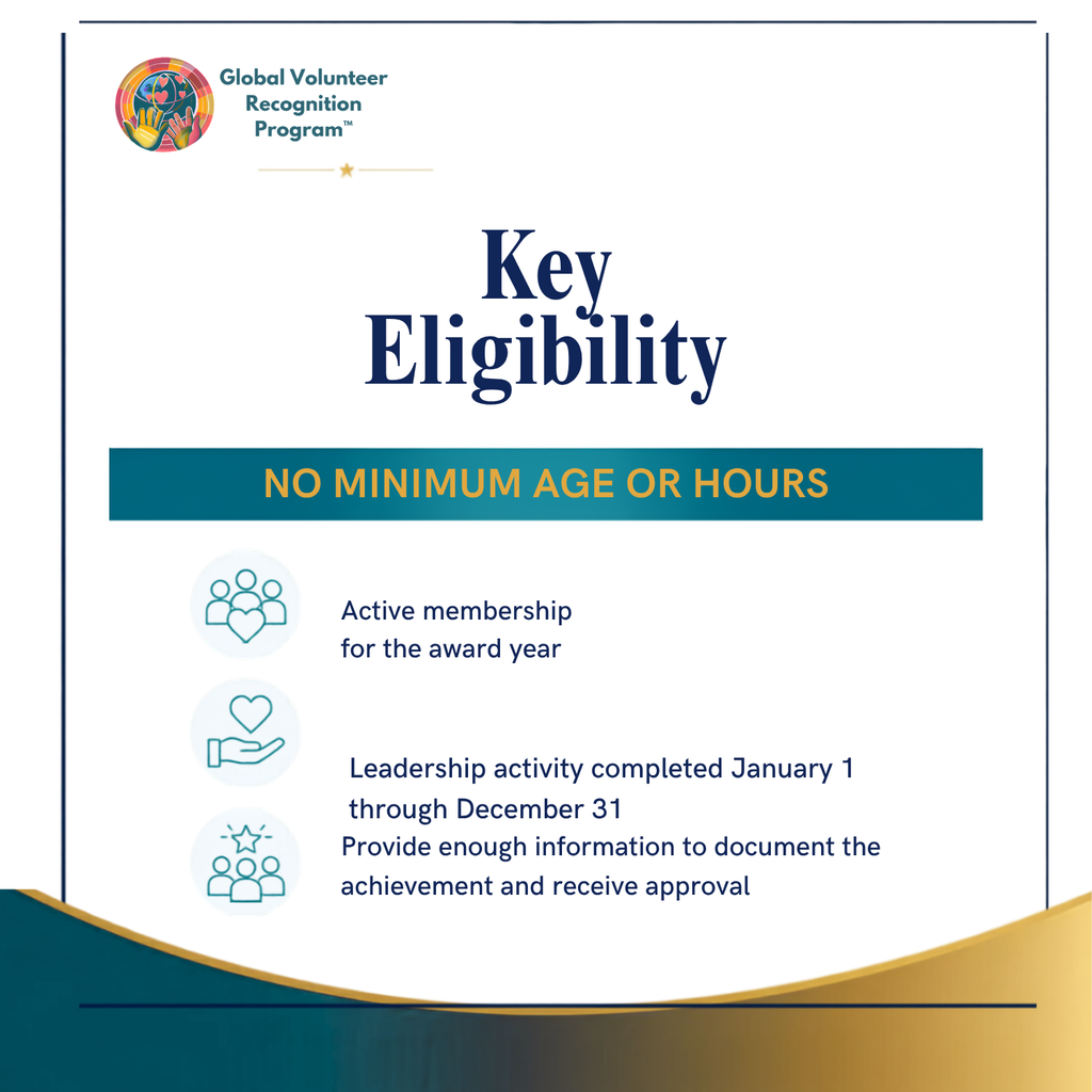 A digital graphic outlining the 'Key Eligibility' requirements for the Global Volunteer Recognition Program. The white card-style graphic features dark blue text and icons, with a teal banner reading 'NO MINIMUM AGE OR HOURS' and a gold wave design at the bottom.