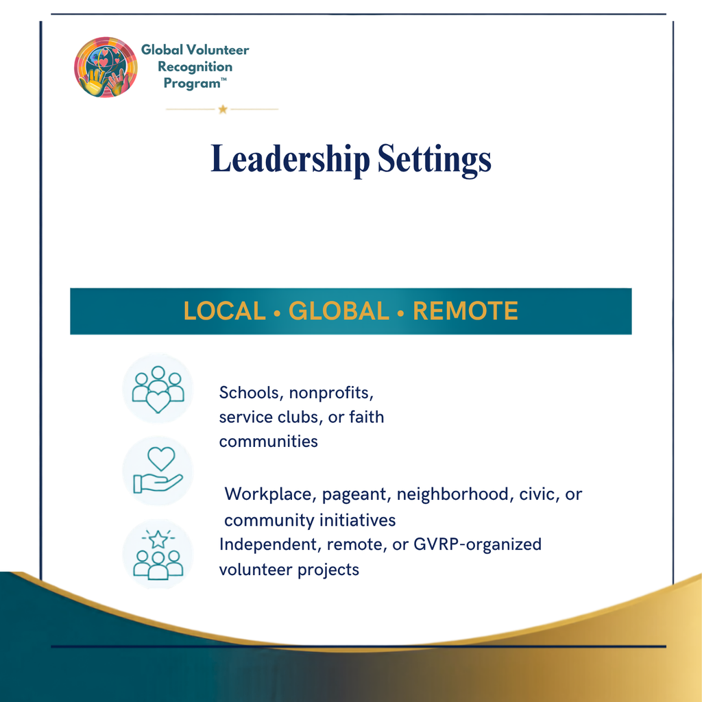 A digital graphic slide titled 'Leadership Settings' from the Global Volunteer Recognition Program, outlining settings for local, global, and remote volunteer networks with icons and text on a white background with teal and gold accents.