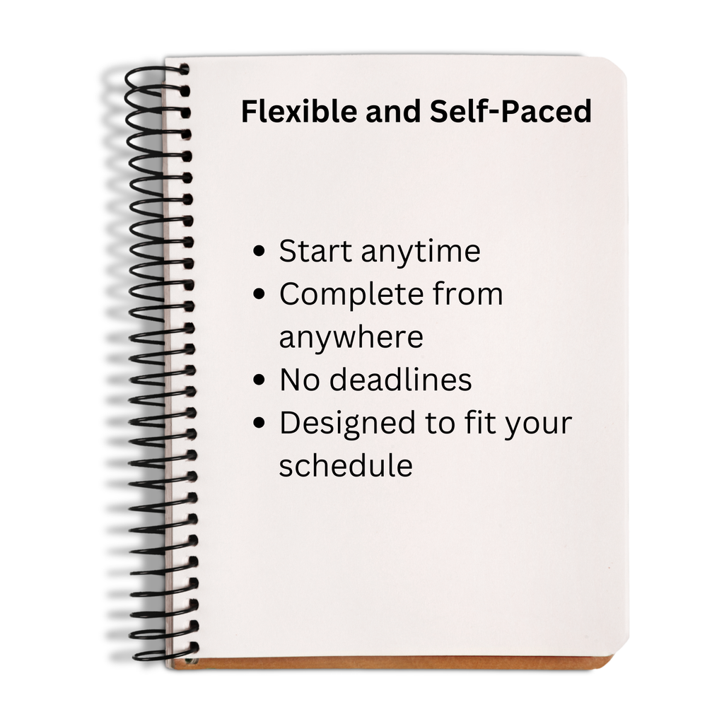 Notebook with text about flexible and self-paced learning on a white background