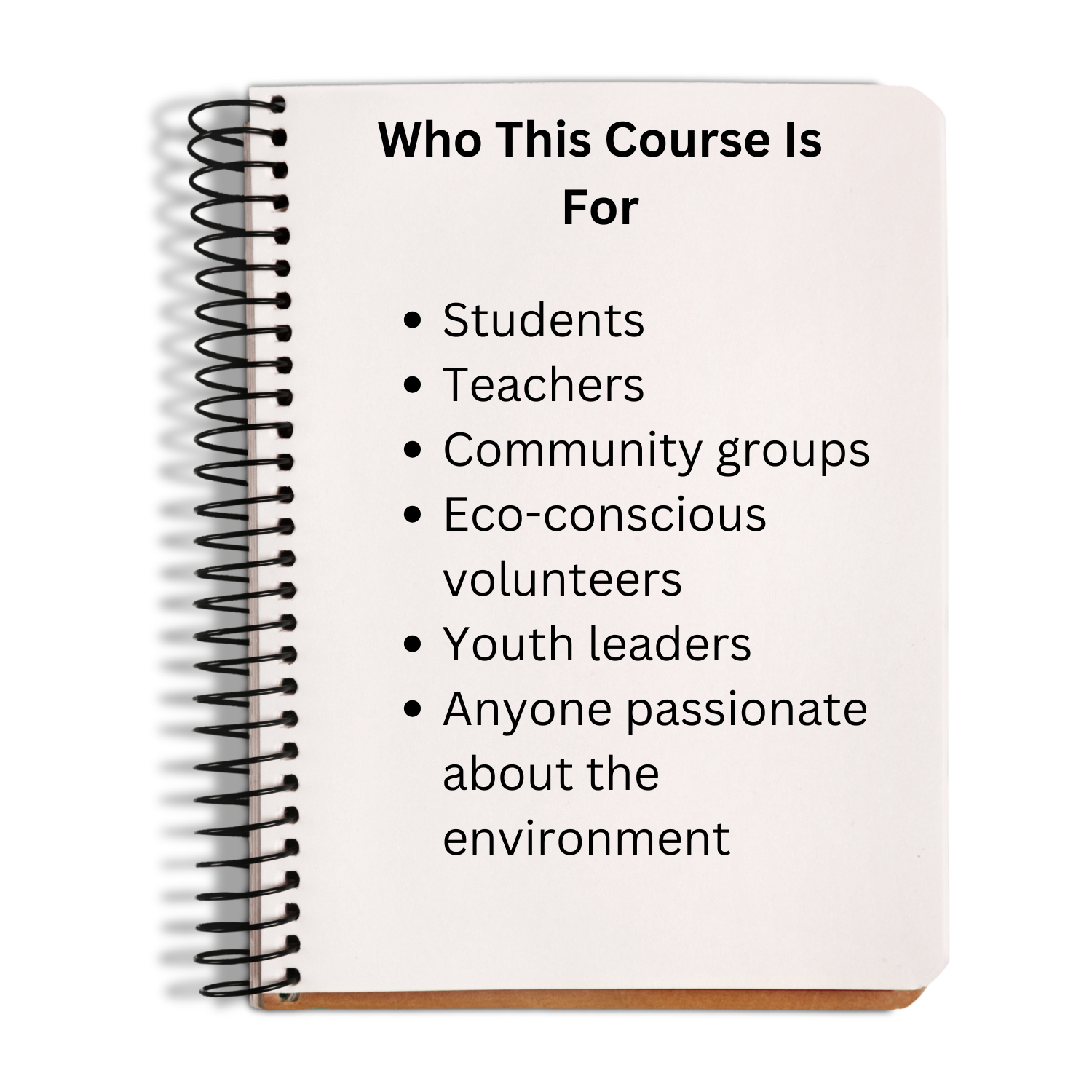 Notebook with text listing who the course is for on a white background