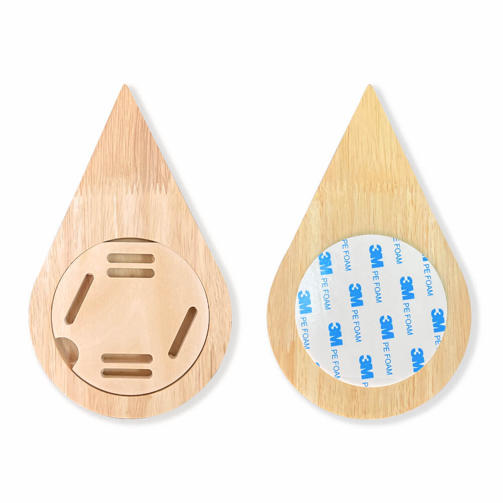 Set of wooden teardrop-shaped medal display with various designs on a white background