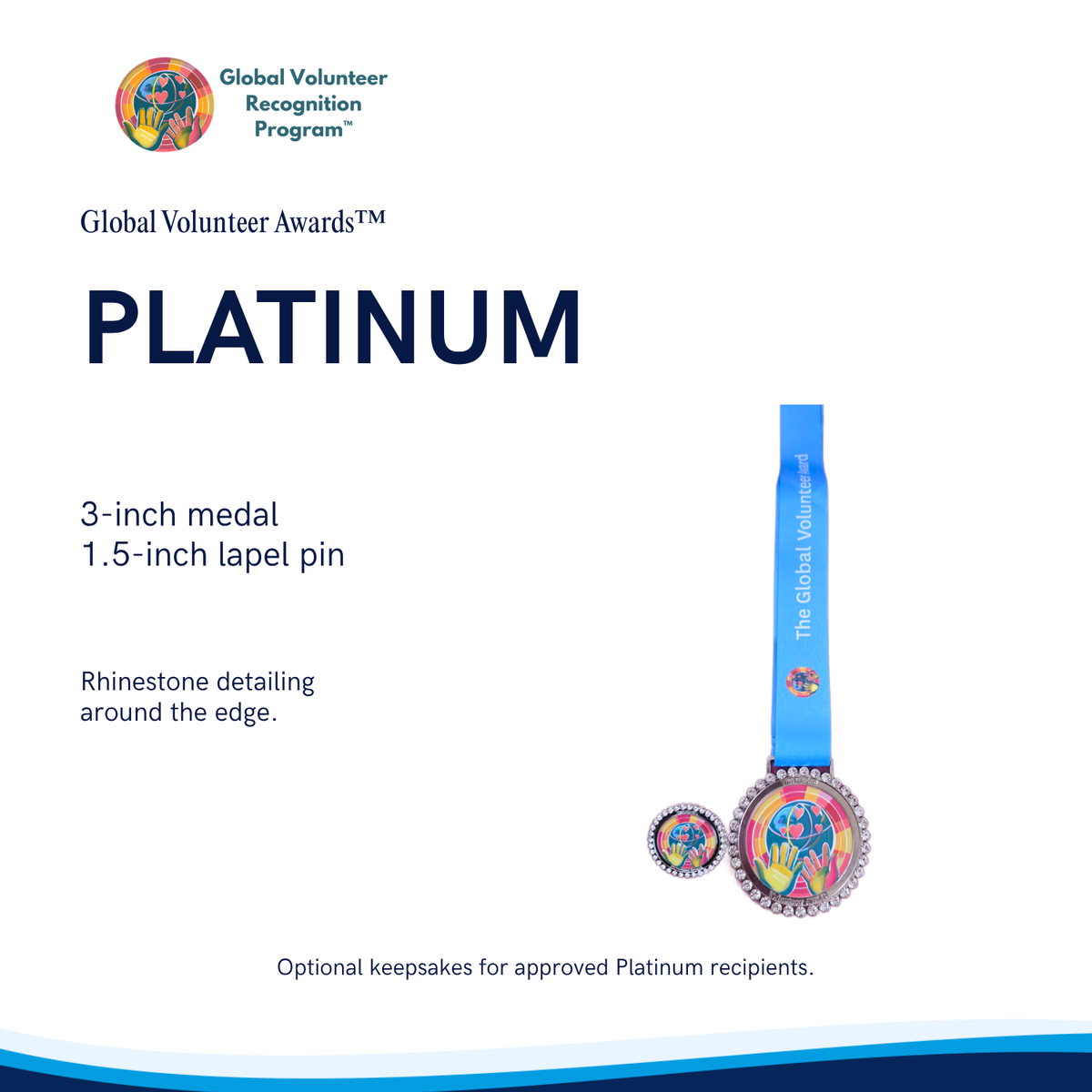 Global Volunteer Awards Platinum medal and lapel pin set on a white background with text detailing the 3-inch round medal, 1.5-inch lapel pin, and rhinestone detailing.