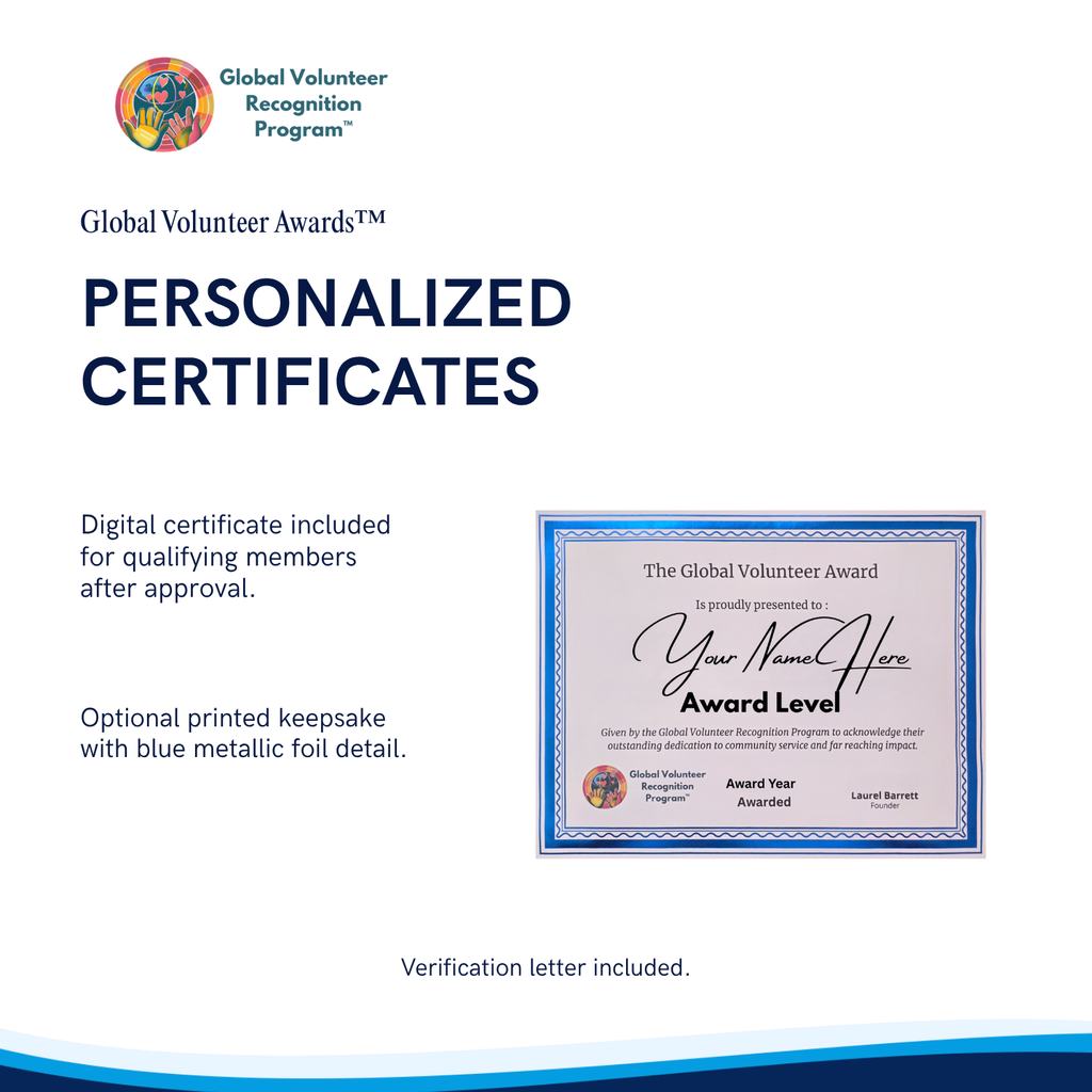Promotional graphic for personalized Global Volunteer Awards certificates, showing the Global Volunteer Recognition Program logo, text about digital certificates and printed keepsake, and a sample certificate design on a white background.
