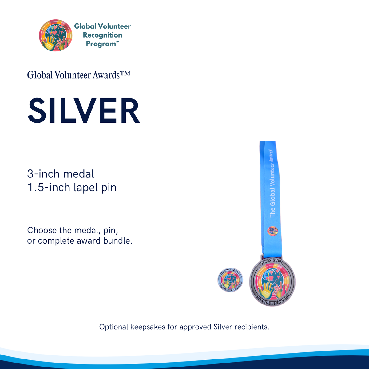 Silver Global Volunteer Award medal and lapel pin set on a white background with text detailing the 3-inch medal and 1.5-inch lapel pin, plus the Global Volunteer Recognition Program branding.