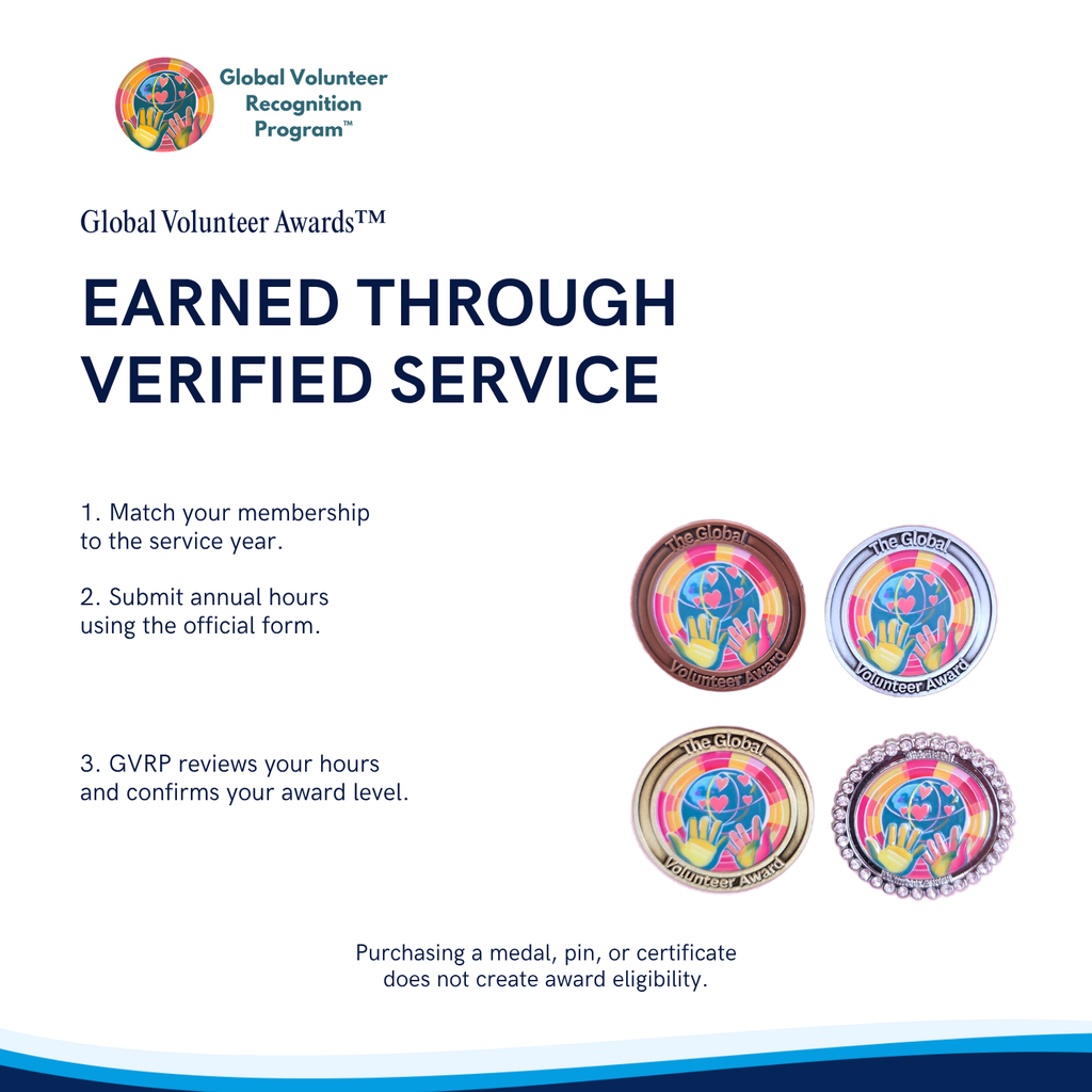 Global Volunteer Awards informational graphic explaining earned awards through verified service, with text instructions and four sample circular medals/pins shown on a white background.