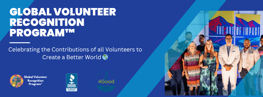 Promotional banner for the Global Volunteer Recognition Program with a blue background and images of volunteers.