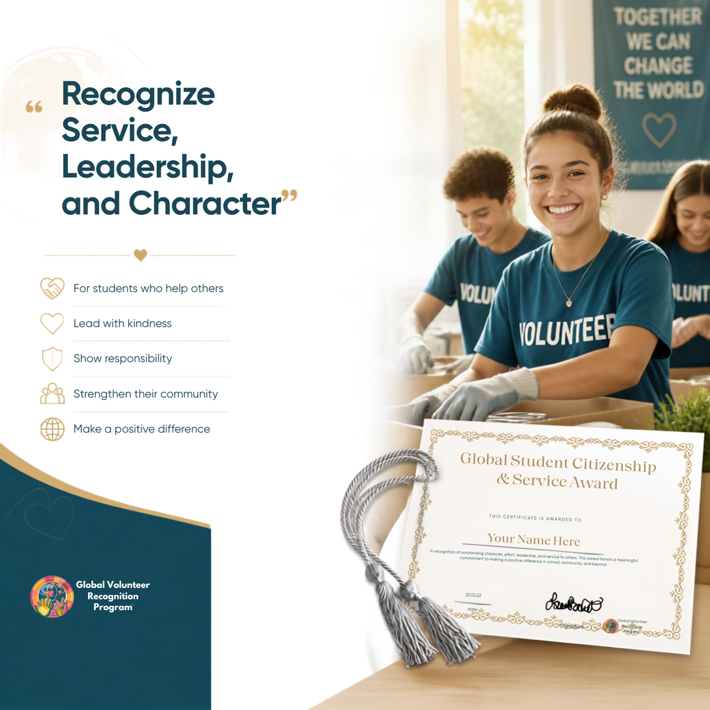 A spiral-bound notebook with a white cover and black wire binding, featuring a bulleted list of inspirational qualities for students: Recognize Service, Leadership, and Character.
