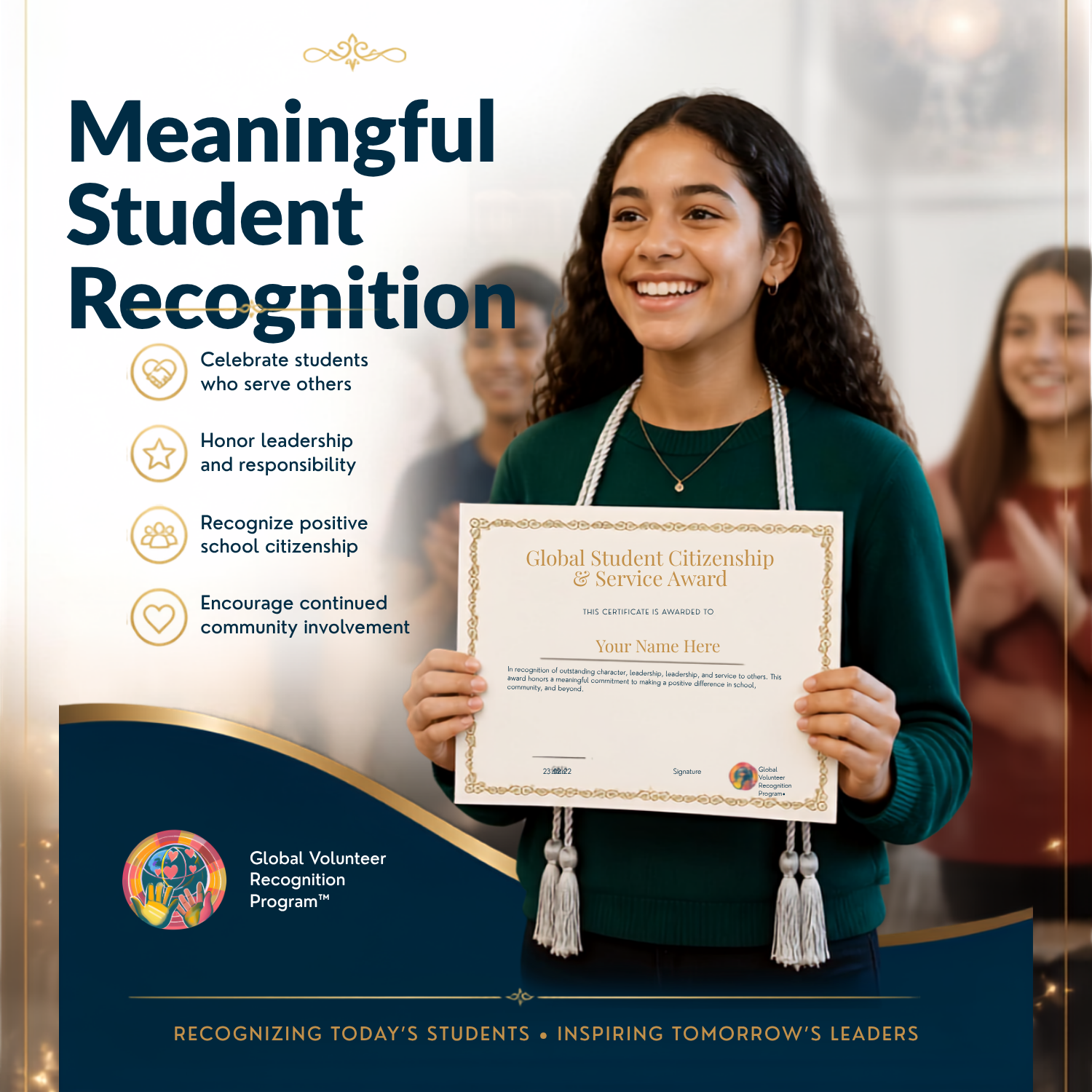 A spiral-bound notebook with a white cover displaying the text 'Meaningful Student Recognition' and a bulleted list of principles, shown on a clean white background.