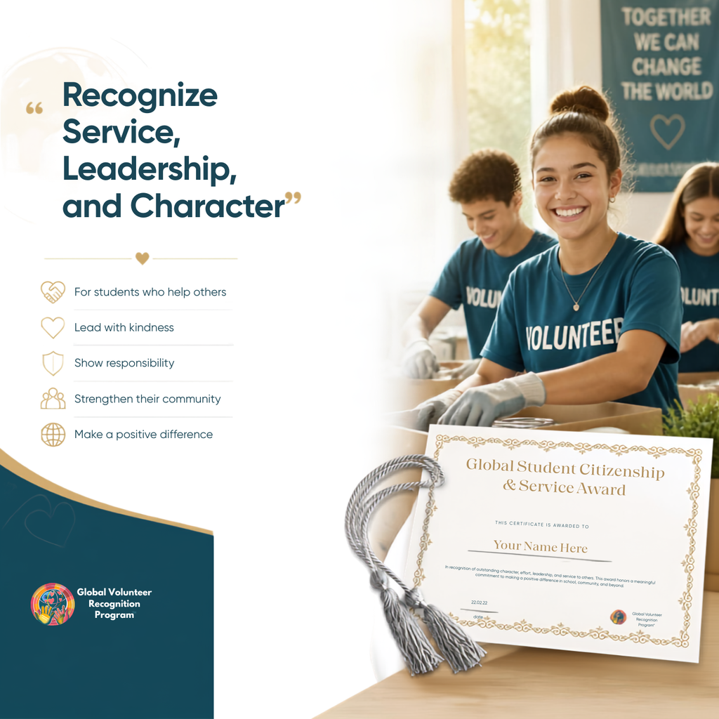 A spiral-bound notebook shown at a slight angle on a white background. The cover is off-white with black text reading 'What This Award Recognizes' followed by a bulleted list: 'Student service', 'Citizenship', 'Leadership', 'Kindness', 'Community impact', and 'Positive character'.